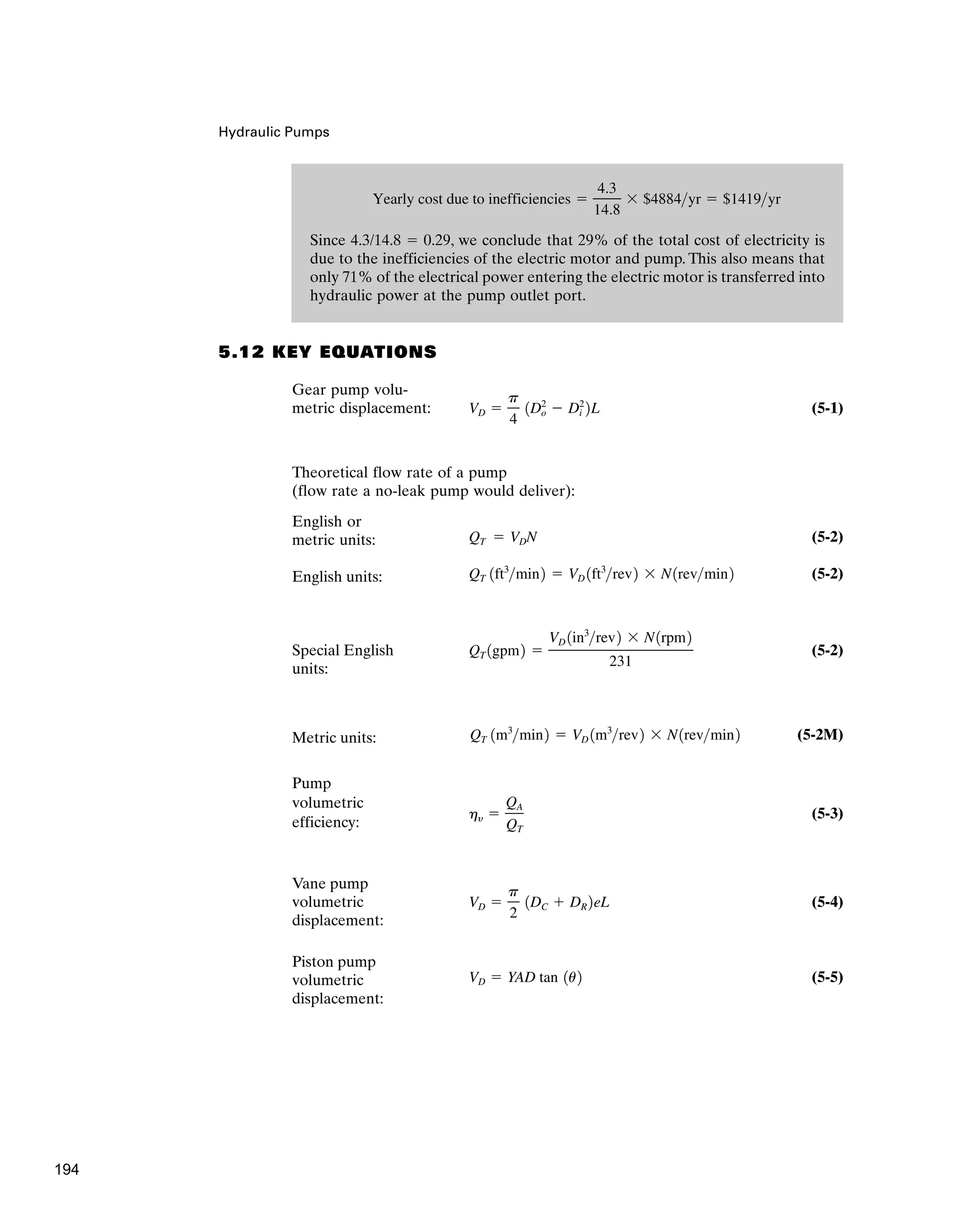 Since 4.3/14.8 ⫽ 0.29, we conclude that 29% of the total cost of electricity is
due to the inefficiencies of the electric motor and pump. This also means that
only 71% of the electrical power entering the electric motor is transferred into
hydraulic power at the pump outlet port.
Yearly cost due to inefficiencies ⫽
4.3
14.8
⫻ $4884yr ⫽ $1419yr
Hydraulic Pumps
5.12 KEY EQUATIONS
Gear pump volu-
metric displacement: (5-1)
Theoretical flow rate of a pump
(flow rate a no-leak pump would deliver):
English or
metric units: (5-2)
English units: (5-2)
Special English (5-2)
units:
Metric units: (5-2M)
Pump
volumetric
(5-3)
efficiency:
Vane pump
volumetric (5-4)
displacement:
Piston pump
volumetric (5-5)
displacement:
VD ⫽ YAD tan 1u2
VD ⫽
p
2
1DC ⫹ DR 2eL
hy ⫽
QA
QT
QT 1m3
min2 ⫽ VD 1m3
rev2 ⫻ N1revmin2
QT 1gpm2 ⫽
VD 1in3
rev2 ⫻ N1rpm2
231
QT 1ft3
min2 ⫽ VD 1ft3
rev2 ⫻ N1revmin2
QT ⫽ VDN
VD ⫽
p
4
1D2
o ⫺ D2
i 2L
194
 