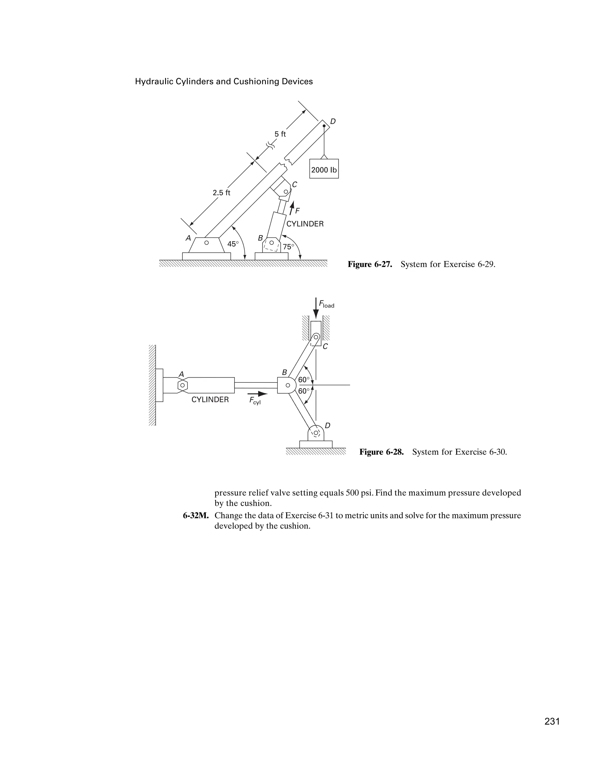 Hydraulic Cylinders and Cushioning Devices
pressure relief valve setting equals 500 psi. Find the maximum pressure developed
by the cushion.
6-32M. Change the data of Exercise 6-31 to metric units and solve for the maximum pressure
developed by the cushion.
B
A
F
C
45° 75°
2.5 ft
5 ft
CYLINDER
D
2000 lb
Figure 6-27. System for Exercise 6-29.
C
Fload
Fcyl
B
D
A
CYLINDER
60°
60°
Figure 6-28. System for Exercise 6-30.
231
 