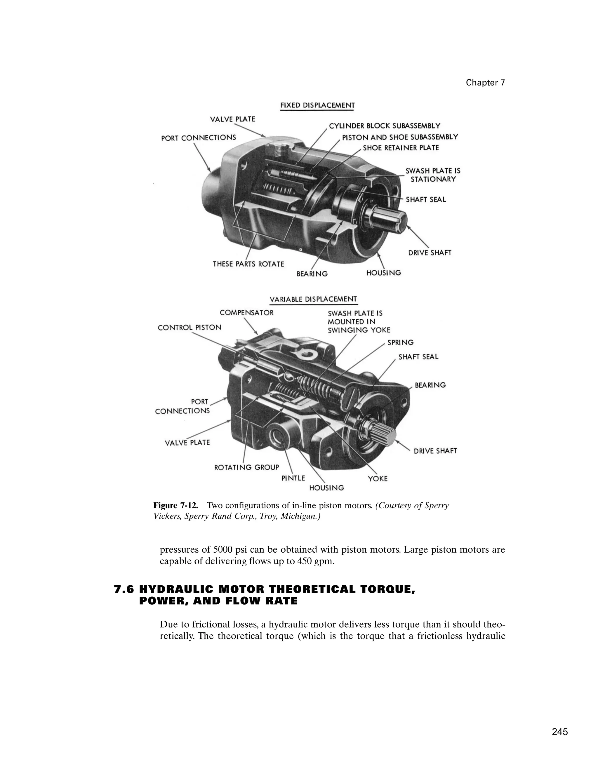 Chapter 7
Figure 7-12. Two configurations of in-line piston motors. (Courtesy of Sperry
Vickers, Sperry Rand Corp., Troy, Michigan.)
pressures of 5000 psi can be obtained with piston motors. Large piston motors are
capable of delivering flows up to 450 gpm.
7.6 HYDRAULIC MOTOR THEORETICAL TORQUE,
POWER, AND FLOW RATE
Due to frictional losses, a hydraulic motor delivers less torque than it should theo-
retically. The theoretical torque (which is the torque that a frictionless hydraulic
245
 