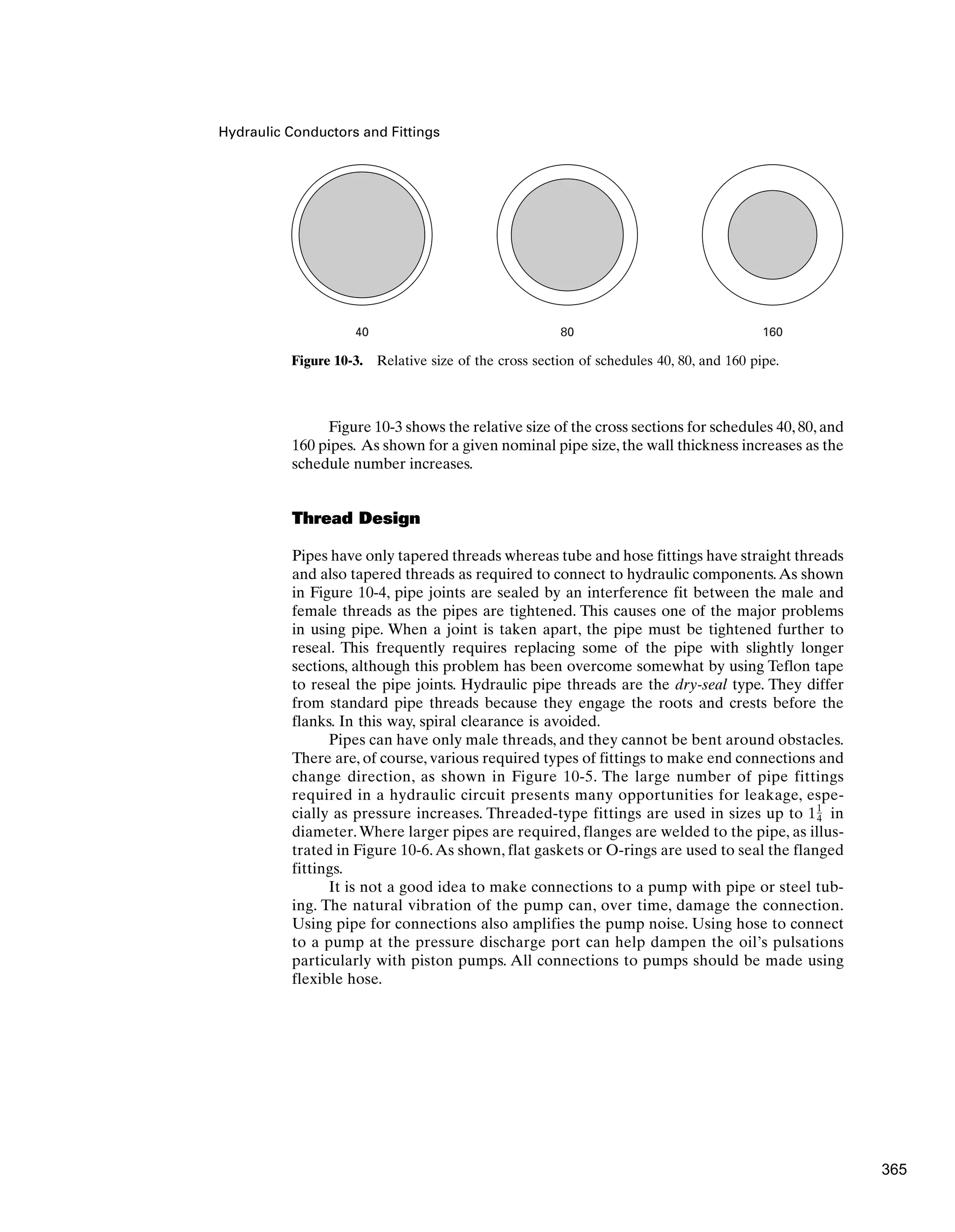 Hydraulic Conductors and Fittings
40 80 160
Figure 10-3. Relative size of the cross section of schedules 40, 80, and 160 pipe.
Figure 10-3 shows the relative size of the cross sections for schedules 40, 80, and
160 pipes. As shown for a given nominal pipe size, the wall thickness increases as the
schedule number increases.
Thread Design
Pipes have only tapered threads whereas tube and hose fittings have straight threads
and also tapered threads as required to connect to hydraulic components.As shown
in Figure 10-4, pipe joints are sealed by an interference fit between the male and
female threads as the pipes are tightened. This causes one of the major problems
in using pipe. When a joint is taken apart, the pipe must be tightened further to
reseal. This frequently requires replacing some of the pipe with slightly longer
sections, although this problem has been overcome somewhat by using Teflon tape
to reseal the pipe joints. Hydraulic pipe threads are the dry-seal type. They differ
from standard pipe threads because they engage the roots and crests before the
flanks. In this way, spiral clearance is avoided.
Pipes can have only male threads, and they cannot be bent around obstacles.
There are, of course, various required types of fittings to make end connections and
change direction, as shown in Figure 10-5. The large number of pipe fittings
required in a hydraulic circuit presents many opportunities for leakage, espe-
cially as pressure increases. Threaded-type fittings are used in sizes up to 1 in
diameter.Where larger pipes are required, flanges are welded to the pipe, as illus-
trated in Figure 10-6.As shown, flat gaskets or O-rings are used to seal the flanged
fittings.
It is not a good idea to make connections to a pump with pipe or steel tub-
ing. The natural vibration of the pump can, over time, damage the connection.
Using pipe for connections also amplifies the pump noise. Using hose to connect
to a pump at the pressure discharge port can help dampen the oil’s pulsations
particularly with piston pumps. All connections to pumps should be made using
flexible hose.
1
4
365
 
