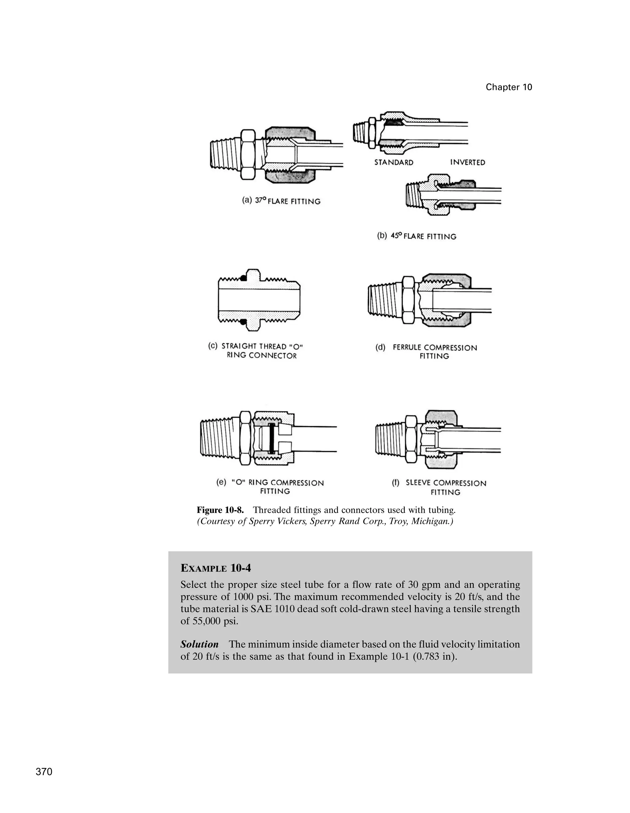 EXAMPLE 10-4
Select the proper size steel tube for a flow rate of 30 gpm and an operating
pressure of 1000 psi. The maximum recommended velocity is 20 ft/s, and the
tube material is SAE 1010 dead soft cold-drawn steel having a tensile strength
of 55,000 psi.
Solution The minimum inside diameter based on the fluid velocity limitation
of 20 ft/s is the same as that found in Example 10-1 (0.783 in).
Chapter 10
Figure 10-8. Threaded fittings and connectors used with tubing.
(Courtesy of Sperry Vickers, Sperry Rand Corp., Troy, Michigan.)
370
 