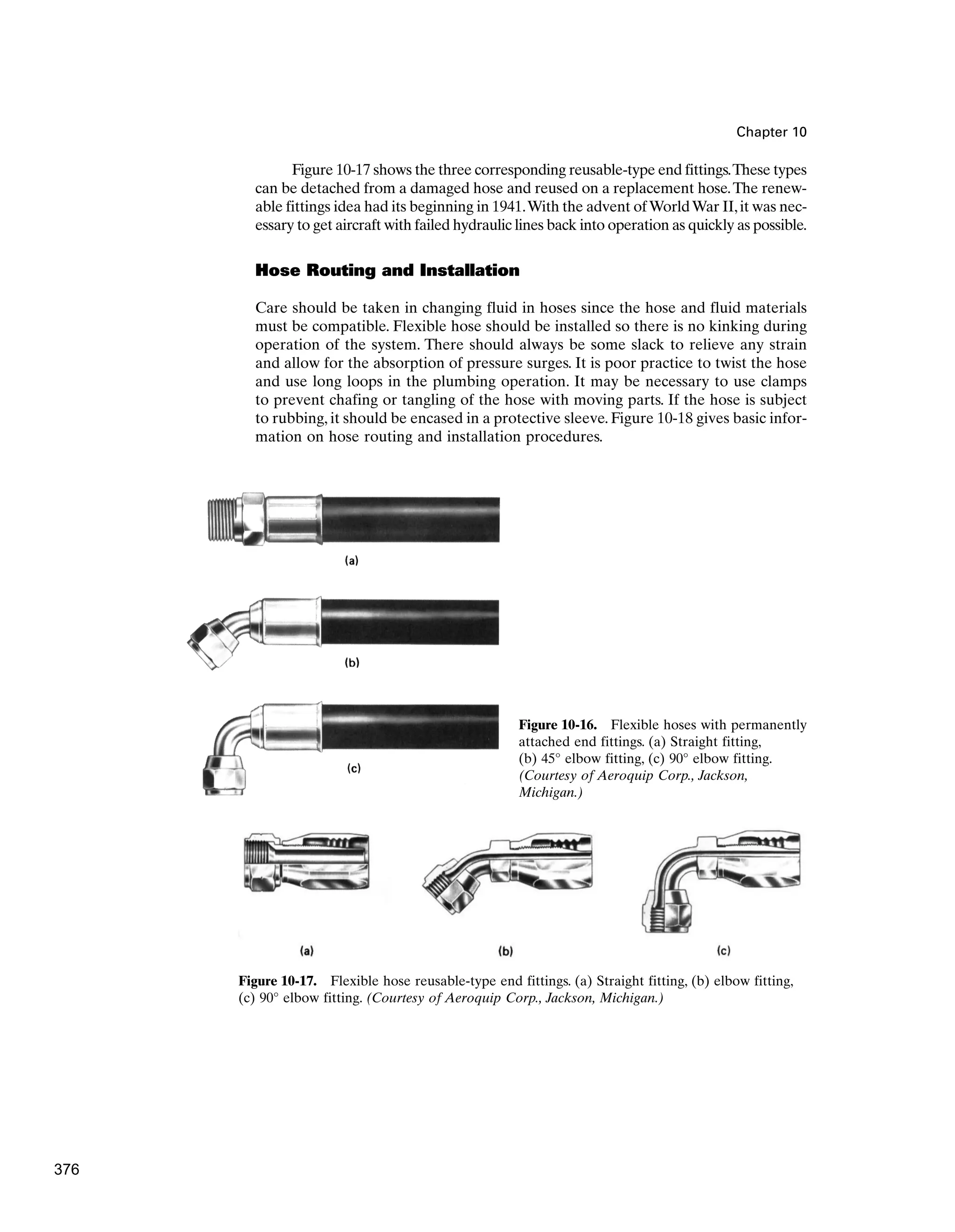 Chapter 10
Figure 10-17 shows the three corresponding reusable-type end fittings.These types
can be detached from a damaged hose and reused on a replacement hose.The renew-
able fittings idea had its beginning in 1941.With the advent ofWorldWar II,it was nec-
essary to get aircraft with failed hydraulic lines back into operation as quickly as possible.
Hose Routing and Installation
Care should be taken in changing fluid in hoses since the hose and fluid materials
must be compatible. Flexible hose should be installed so there is no kinking during
operation of the system. There should always be some slack to relieve any strain
and allow for the absorption of pressure surges. It is poor practice to twist the hose
and use long loops in the plumbing operation. It may be necessary to use clamps
to prevent chafing or tangling of the hose with moving parts. If the hose is subject
to rubbing, it should be encased in a protective sleeve. Figure 10-18 gives basic infor-
mation on hose routing and installation procedures.
Figure 10-16. Flexible hoses with permanently
attached end fittings. (a) Straight fitting,
(b) 45° elbow fitting, (c) 90° elbow fitting.
(Courtesy of Aeroquip Corp., Jackson,
Michigan.)
Figure 10-17. Flexible hose reusable-type end fittings. (a) Straight fitting, (b) elbow fitting,
(c) 90° elbow fitting. (Courtesy of Aeroquip Corp., Jackson, Michigan.)
376
 
