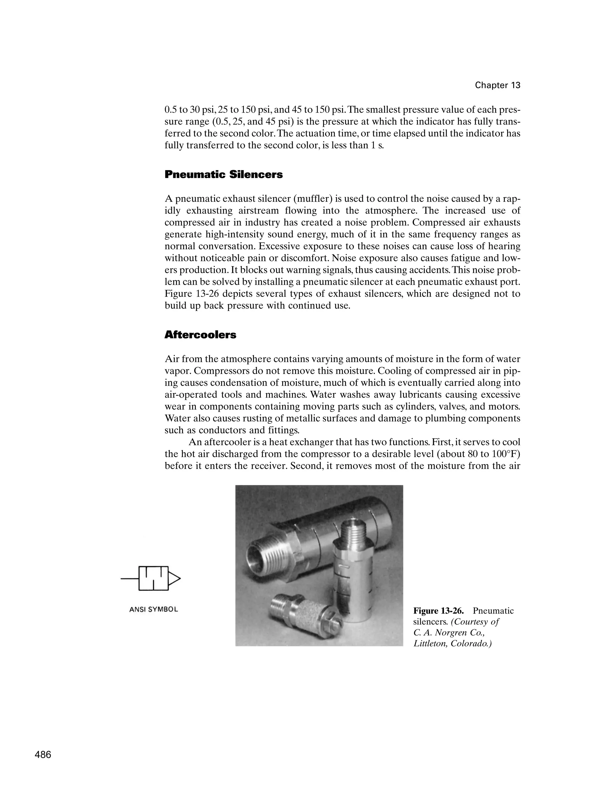 Chapter 13
0.5 to 30 psi, 25 to 150 psi, and 45 to 150 psi.The smallest pressure value of each pres-
sure range (0.5, 25, and 45 psi) is the pressure at which the indicator has fully trans-
ferred to the second color.The actuation time, or time elapsed until the indicator has
fully transferred to the second color, is less than 1 s.
Pneumatic Silencers
A pneumatic exhaust silencer (muffler) is used to control the noise caused by a rap-
idly exhausting airstream flowing into the atmosphere. The increased use of
compressed air in industry has created a noise problem. Compressed air exhausts
generate high-intensity sound energy, much of it in the same frequency ranges as
normal conversation. Excessive exposure to these noises can cause loss of hearing
without noticeable pain or discomfort. Noise exposure also causes fatigue and low-
ers production. It blocks out warning signals, thus causing accidents.This noise prob-
lem can be solved by installing a pneumatic silencer at each pneumatic exhaust port.
Figure 13-26 depicts several types of exhaust silencers, which are designed not to
build up back pressure with continued use.
Aftercoolers
Air from the atmosphere contains varying amounts of moisture in the form of water
vapor. Compressors do not remove this moisture. Cooling of compressed air in pip-
ing causes condensation of moisture, much of which is eventually carried along into
air-operated tools and machines. Water washes away lubricants causing excessive
wear in components containing moving parts such as cylinders, valves, and motors.
Water also causes rusting of metallic surfaces and damage to plumbing components
such as conductors and fittings.
An aftercooler is a heat exchanger that has two functions. First, it serves to cool
the hot air discharged from the compressor to a desirable level (about 80 to 100°F)
before it enters the receiver. Second, it removes most of the moisture from the air
Figure 13-26. Pneumatic
silencers. (Courtesy of
C. A. Norgren Co.,
Littleton, Colorado.)
486
 