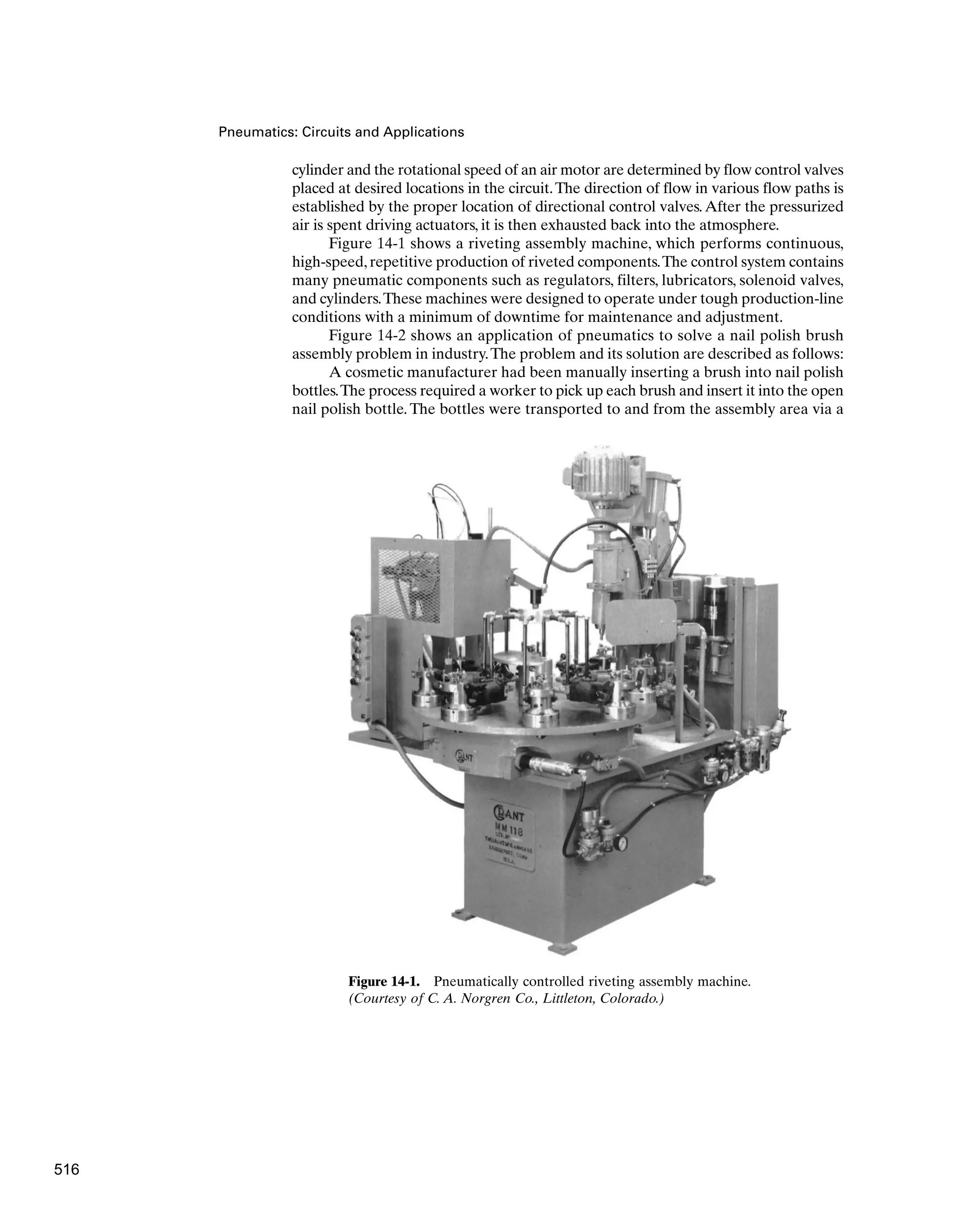 Pneumatics: Circuits and Applications
cylinder and the rotational speed of an air motor are determined by flow control valves
placed at desired locations in the circuit.The direction of flow in various flow paths is
established by the proper location of directional control valves.After the pressurized
air is spent driving actuators, it is then exhausted back into the atmosphere.
Figure 14-1 shows a riveting assembly machine, which performs continuous,
high-speed, repetitive production of riveted components.The control system contains
many pneumatic components such as regulators, filters, lubricators, solenoid valves,
and cylinders.These machines were designed to operate under tough production-line
conditions with a minimum of downtime for maintenance and adjustment.
Figure 14-2 shows an application of pneumatics to solve a nail polish brush
assembly problem in industry.The problem and its solution are described as follows:
A cosmetic manufacturer had been manually inserting a brush into nail polish
bottles.The process required a worker to pick up each brush and insert it into the open
nail polish bottle. The bottles were transported to and from the assembly area via a
Figure 14-1. Pneumatically controlled riveting assembly machine.
(Courtesy of C. A. Norgren Co., Littleton, Colorado.)
516
 