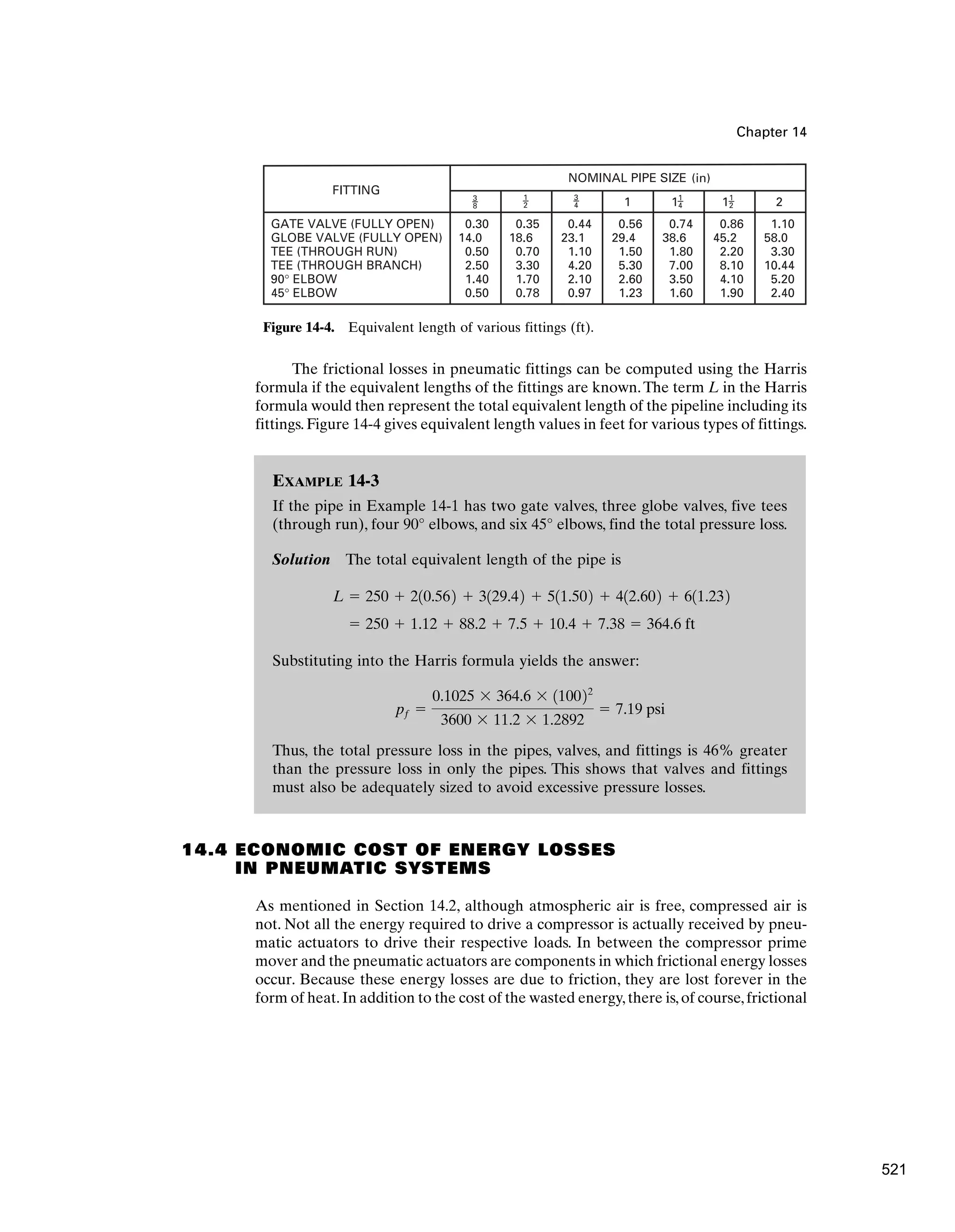 EXAMPLE 14-3
If the pipe in Example 14-1 has two gate valves, three globe valves, five tees
(through run), four 90° elbows, and six 45° elbows, find the total pressure loss.
Solution The total equivalent length of the pipe is
Substituting into the Harris formula yields the answer:
Thus, the total pressure loss in the pipes, valves, and fittings is 46% greater
than the pressure loss in only the pipes. This shows that valves and fittings
must also be adequately sized to avoid excessive pressure losses.
pf ⫽
0.1025 ⫻ 364.6 ⫻ 110022
3600 ⫻ 11.2 ⫻ 1.2892
⫽ 7.19 psi
⫽ 250 ⫹ 1.12 ⫹ 88.2 ⫹ 7.5 ⫹ 10.4 ⫹ 7.38 ⫽ 364.6 ft
L ⫽ 250 ⫹ 210.562 ⫹ 3129.42 ⫹ 511.502 ⫹ 412.602 ⫹ 611.232
Chapter 14
The frictional losses in pneumatic fittings can be computed using the Harris
formula if the equivalent lengths of the fittings are known.The term L in the Harris
formula would then represent the total equivalent length of the pipeline including its
fittings. Figure 14-4 gives equivalent length values in feet for various types of fittings.
FITTING
GATE VALVE (FULLY OPEN)
GLOBE VALVE (FULLY OPEN)
TEE (THROUGH RUN)
TEE (THROUGH BRANCH)
90° ELBOW
45° ELBOW
0.30
14.0
0.50
2.50
1.40
0.50
0.35
18.6
0.70
3.30
1.70
0.78
0.44
23.1
1.10
4.20
2.10
0.97
0.56
29.4
1.50
5.30
2.60
1.23
1
NOMINAL PIPE SIZE
0.74
38.6
1.80
7.00
3.50
1.60
1
0.86
45.2
2.20
8.10
4.10
1.90
1
1.10
58.0
3.30
10.44
5.20
2.40
2
(in)
1
2
1
4
1
2
3
8
3
4
Figure 14-4. Equivalent length of various fittings (ft).
14.4 ECONOMIC COST OF ENERGY LOSSES
IN PNEUMATIC SYSTEMS
As mentioned in Section 14.2, although atmospheric air is free, compressed air is
not. Not all the energy required to drive a compressor is actually received by pneu-
matic actuators to drive their respective loads. In between the compressor prime
mover and the pneumatic actuators are components in which frictional energy losses
occur. Because these energy losses are due to friction, they are lost forever in the
form of heat.In addition to the cost of the wasted energy,there is,of course,frictional
521
 