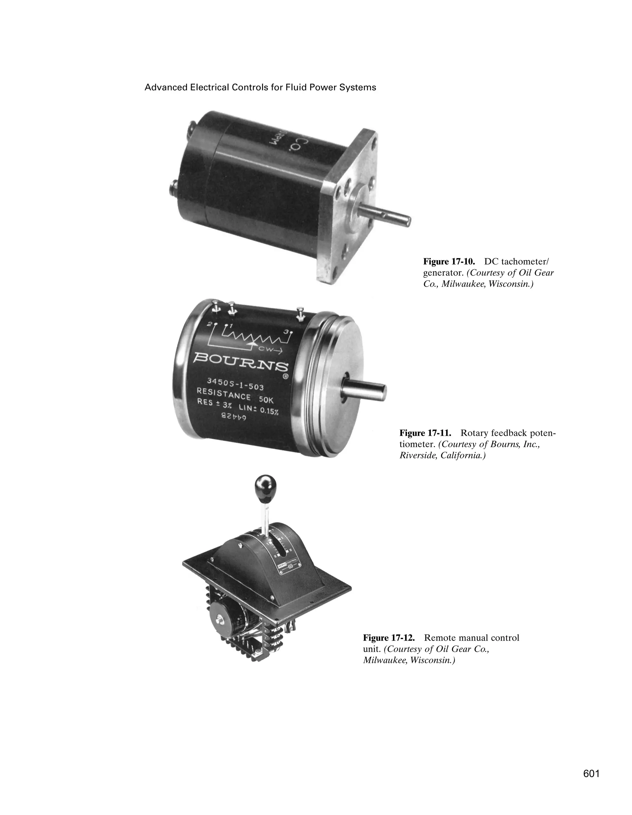 Advanced Electrical Controls for Fluid Power Systems
Figure 17-10. DC tachometer/
generator. (Courtesy of Oil Gear
Co., Milwaukee, Wisconsin.)
Figure 17-11. Rotary feedback poten-
tiometer. (Courtesy of Bourns, Inc.,
Riverside, California.)
Figure 17-12. Remote manual control
unit. (Courtesy of Oil Gear Co.,
Milwaukee, Wisconsin.)
601
 