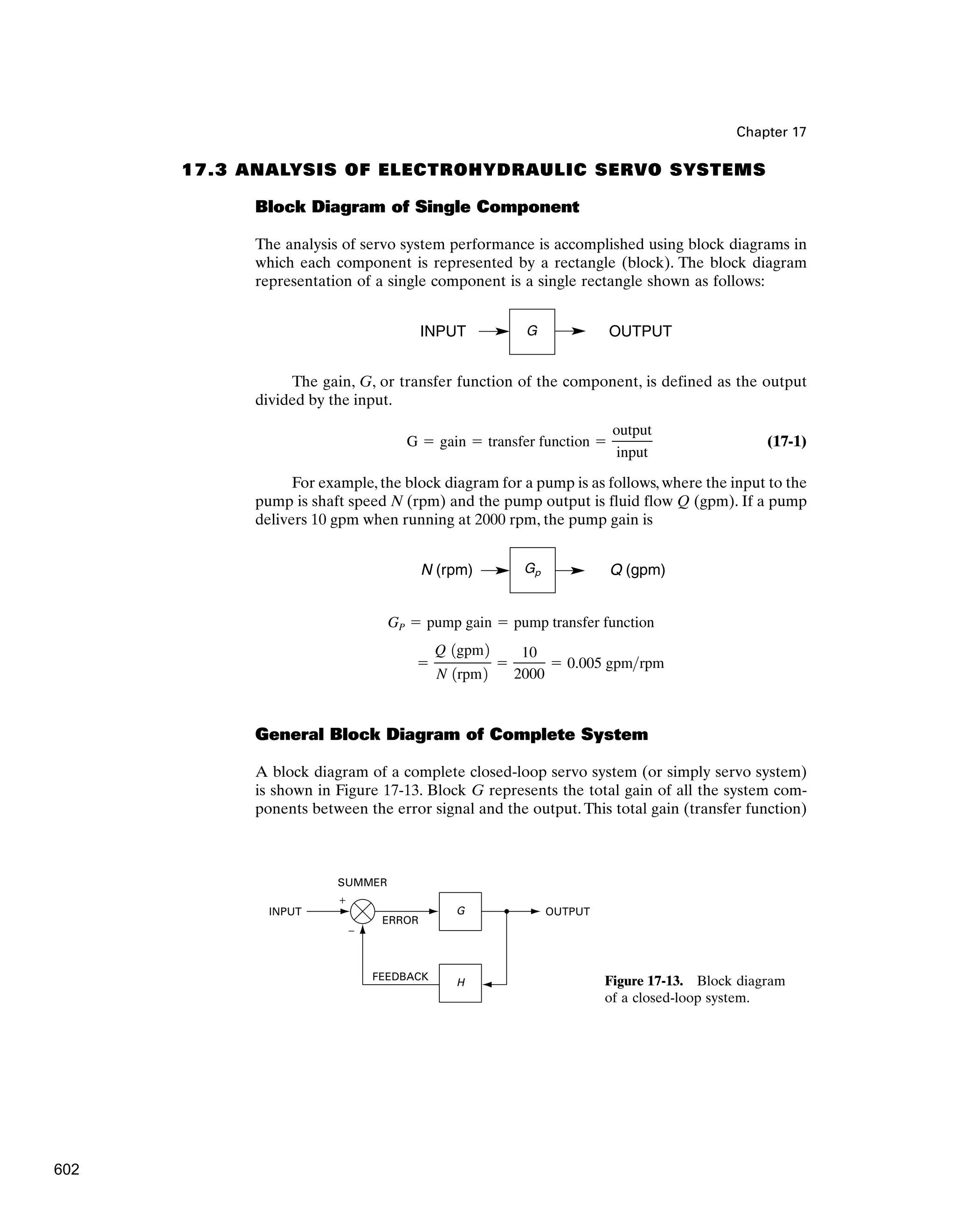 Chapter 17
17.3 ANALYSIS OF ELECTROHYDRAULIC SERVO SYSTEMS
Block Diagram of Single Component
The analysis of servo system performance is accomplished using block diagrams in
which each component is represented by a rectangle (block). The block diagram
representation of a single component is a single rectangle shown as follows:
N (rpm) Q (gpm)
Gp
The gain, G, or transfer function of the component, is defined as the output
divided by the input.
(17-1)
For example, the block diagram for a pump is as follows, where the input to the
pump is shaft speed N (rpm) and the pump output is fluid flow Q (gpm). If a pump
delivers 10 gpm when running at 2000 rpm, the pump gain is
G  gain  transfer function 
output
input
G
H
FEEDBACK
ERROR
SUMMER
OUTPUT
INPUT
+
−
Figure 17-13. Block diagram
of a closed-loop system.
INPUT OUTPUT
G
General Block Diagram of Complete System
A block diagram of a complete closed-loop servo system (or simply servo system)
is shown in Figure 17-13. Block G represents the total gain of all the system com-
ponents between the error signal and the output. This total gain (transfer function)

Q 1gpm2
N 1rpm2

10
2000
 0.005 gpmrpm
GP  pump gain  pump transfer function
602
 