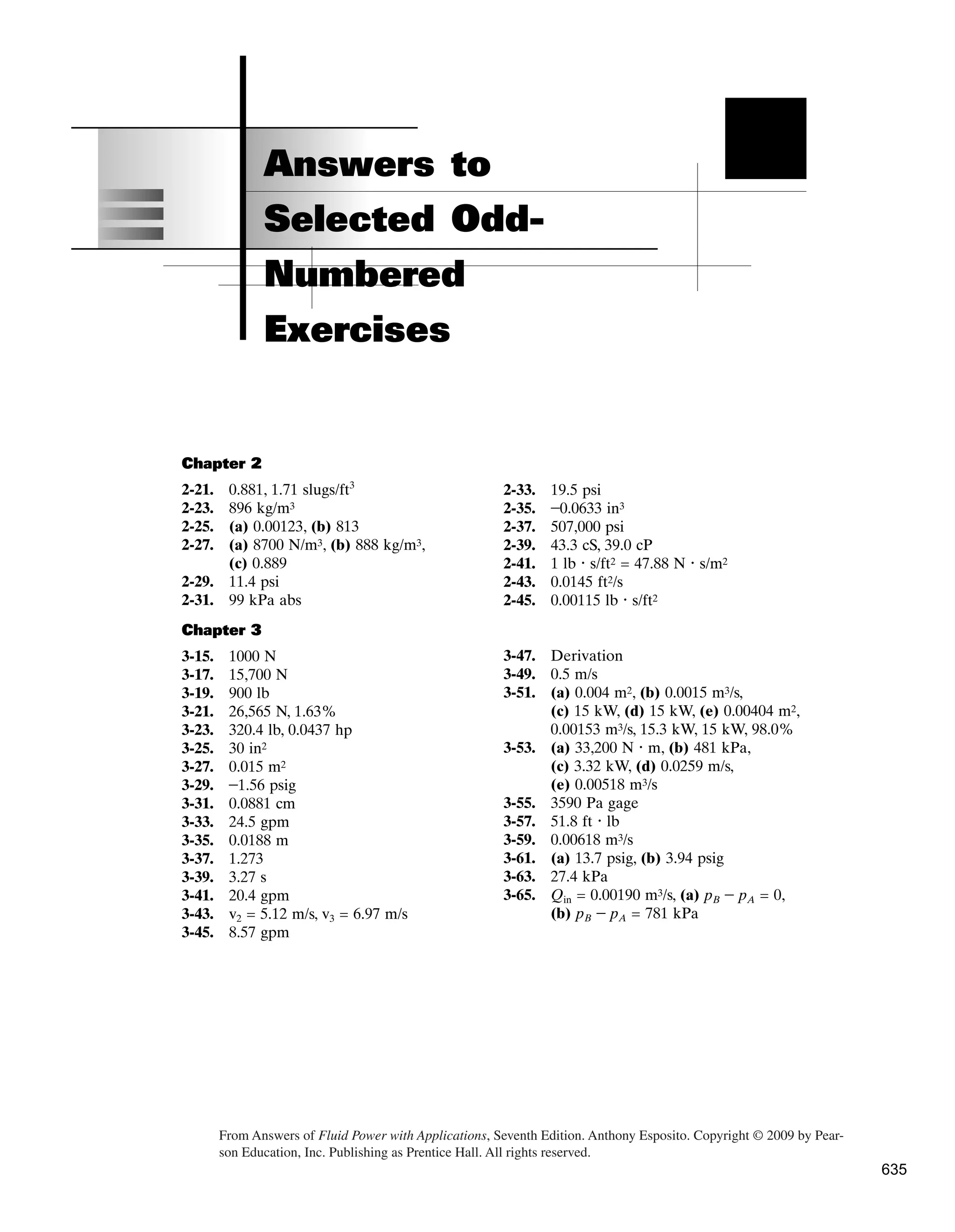 Chapter 2
2-21. 0.881, 1.71 slugs/ft3
2-23. 896 kg/m3
2-25. (a) 0.00123, (b) 813
2-27. (a) 8700 N/m3, (b) 888 kg/m3,
(c) 0.889
2-29. 11.4 psi
2-31. 99 kPa abs
2-33. 19.5 psi
2-35. -0.0633 in3
2-37. 507,000 psi
2-39. 43.3 cS, 39.0 cP
2-41. 1 lb · s/ft2 = 47.88 N · s/m2
2-43. 0.0145 ft2/s
2-45. 0.00115 lb · s/ft2
Answers to
Selected Odd-
Numbered
Exercises
Chapter 3
3-15. 1000 N
3-17. 15,700 N
3-19. 900 lb
3-21. 26,565 N, 1.63%
3-23. 320.4 lb, 0.0437 hp
3-25. 30 in2
3-27. 0.015 m2
3-29. -1.56 psig
3-31. 0.0881 cm
3-33. 24.5 gpm
3-35. 0.0188 m
3-37. 1.273
3-39. 3.27 s
3-41. 20.4 gpm
3-43. v2 = 5.12 m/s, v3 = 6.97 m/s
3-45. 8.57 gpm
3-47. Derivation
3-49. 0.5 m/s
3-51. (a) 0.004 m2, (b) 0.0015 m3/s,
(c) 15 kW, (d) 15 kW, (e) 0.00404 m2,
0.00153 m3/s, 15.3 kW, 15 kW, 98.0%
3-53. (a) 33,200 N · m, (b) 481 kPa,
(c) 3.32 kW, (d) 0.0259 m/s,
(e) 0.00518 m3/s
3-55. 3590 Pa gage
3-57. 51.8 ft · lb
3-59. 0.00618 m3/s
3-61. (a) 13.7 psig, (b) 3.94 psig
3-63. 27.4 kPa
3-65. Qin = 0.00190 m3/s, (a) pB - pA = 0,
(b) pB - pA = 781 kPa
From Answers of Fluid Power with Applications, Seventh Edition. ­
Anthony Esposito. Copyright © 2009 by Pear-
son Education, Inc. Publishing as Prentice Hall. All rights reserved.
635
 