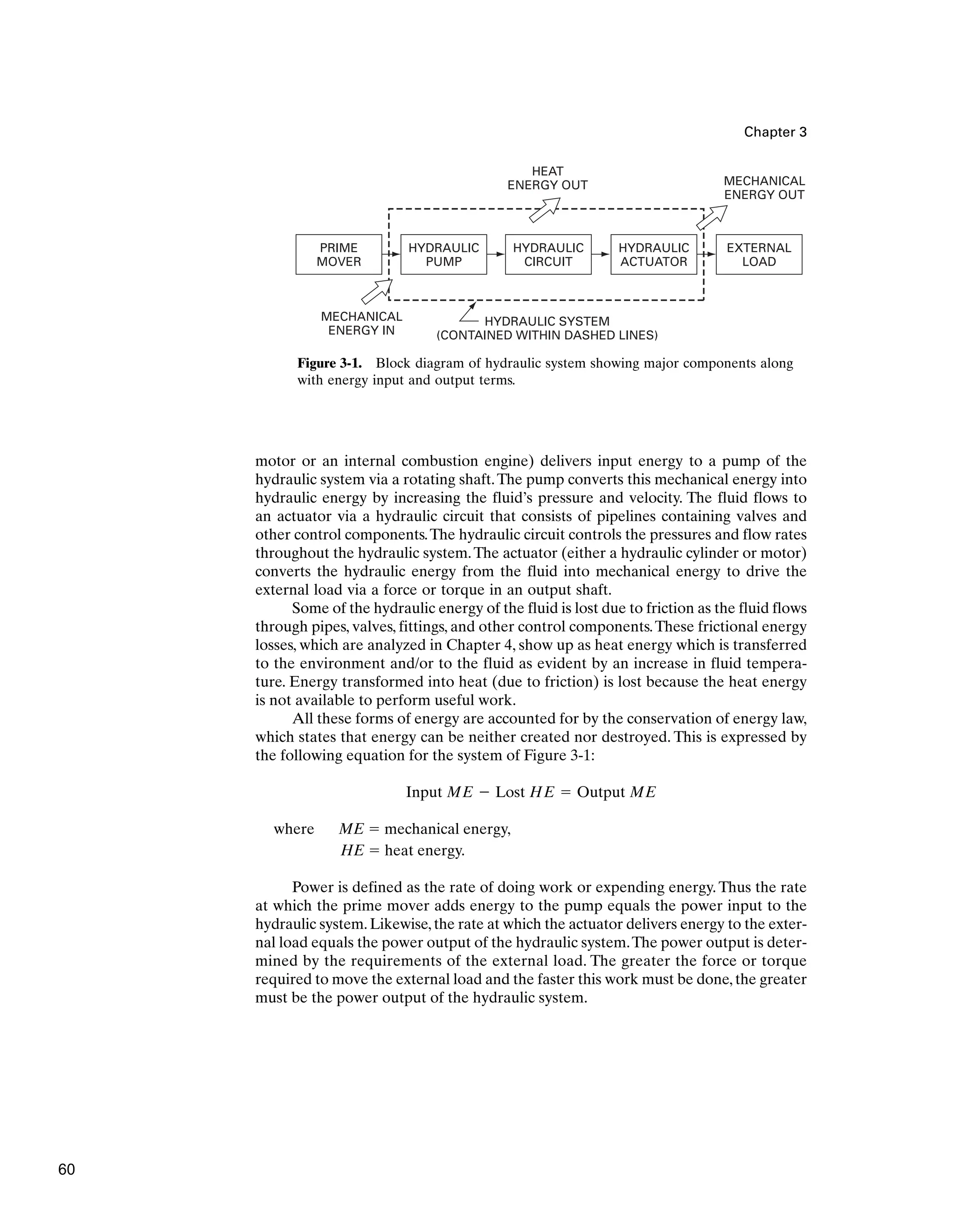 Chapter 3
HEAT
ENERGY OUT MECHANICAL
ENERGY OUT
MECHANICAL
ENERGY IN
PRIME
MOVER
HYDRAULIC
PUMP
HYDRAULIC
CIRCUIT
HYDRAULIC
ACTUATOR
EXTERNAL
LOAD
HYDRAULIC SYSTEM
(CONTAINED WITHIN DASHED LINES)
Figure 3-1. Block diagram of hydraulic system showing major components along
with energy input and output terms.
motor or an internal combustion engine) delivers input energy to a pump of the
hydraulic system via a rotating shaft.The pump converts this mechanical energy into
hydraulic energy by increasing the fluid’s pressure and velocity. The fluid flows to
an actuator via a hydraulic circuit that consists of pipelines containing valves and
other control components.The hydraulic circuit controls the pressures and flow rates
throughout the hydraulic system.The actuator (either a hydraulic cylinder or motor)
converts the hydraulic energy from the fluid into mechanical energy to drive the
external load via a force or torque in an output shaft.
Some of the hydraulic energy of the fluid is lost due to friction as the fluid flows
through pipes, valves, fittings, and other control components.These frictional energy
losses, which are analyzed in Chapter 4, show up as heat energy which is transferred
to the environment and/or to the fluid as evident by an increase in fluid tempera-
ture. Energy transformed into heat (due to friction) is lost because the heat energy
is not available to perform useful work.
All these forms of energy are accounted for by the conservation of energy law,
which states that energy can be neither created nor destroyed. This is expressed by
the following equation for the system of Figure 3-1:
where ME ⫽ mechanical energy,
HE ⫽ heat energy.
Power is defined as the rate of doing work or expending energy. Thus the rate
at which the prime mover adds energy to the pump equals the power input to the
hydraulic system.Likewise,the rate at which the actuator delivers energy to the exter-
nal load equals the power output of the hydraulic system.The power output is deter-
mined by the requirements of the external load. The greater the force or torque
required to move the external load and the faster this work must be done, the greater
must be the power output of the hydraulic system.
Input ME ⫺ Lost HE ⫽ Output ME
60
 