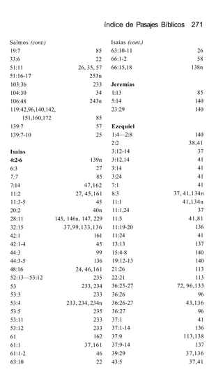 índice de Pasajes Bíblicos 271
Salmos (cont.)
19:7
33:6
51:11
51:16-17
103:3b
104:30
106:48
119:42,96,140,142,
151,160,172
139:7
139:7-10
Isaías
4:2-6
6:3
7:7
7:14
11:2
11:3-5
20:2
28:11 145
32:15
42:1
42:1-4
44:3
44:3-5
48:16
52:13—53:12
53
53:3
53:4
53:5
53:11
53:12
61
61:1
61:1-2
63:10
85
22
26, 35, 57
253n
233
34
243n
85
57
25
139n
27
85
47,162
27, 45,161
45
40n
, 146n, 147, 229
37,99,133,136
161
45
99
136
24, 46,161
235
233, 234
233
233, 234, 234n
235
233
233
162
37,161
46
22
Isaías (cont.)
63:10-11
66:1-2
66:15,18
Jeremías
1:13
5:14
23:29
Ezequiel
1:4—2:8
2:2
3:12-14
3:12,14
3:14
3:24
7:1
8:3
11:1
11:1,24
11:5
11:19-20
11:24
13:13
15:4-8
19:12-13
21:26
22:21
36:25-27
36:26
36:26-27
36:27
37:1
37:1-14
37:9
37:9-14
39:29
43:5
26
58
138n
85
140
140
140
38,41
37
41
41
41
41
37, 41,134n
41,134n
37
41,81
136
41
137
140
140
113
113
72, 96,133
96
43,136
96
41
136
113,138
137
37,136
37,41
 