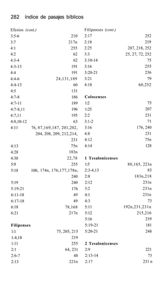 282 índice de pasajes bíblicos
Efesios (cont.)
3:5-6
3:7
4:1
4:2
4:3-4
4:3-13
4:4
4:4-6
4:4-13
4:5
4:7-8
4:7-11
4:7-8,11
4:7,11
4:8,10-12
4:11 76,
210
217n
255
62
62
191
191
24,131,189
60
131
186
189
196
195
63
87,169,187, 201,202,
204, 208, 209, 212,214,
4:13
4:28
4:30
5:9
5:18 100
5:19
5:19-21
6:11-18
6:17-18
6:18
6:21
Filipenses
1:1
1:4,18
1:11
2:1
2:6-7
2:13
231
75n
183n
22,78
255
, 174n, 176,177,178n,
240
240
176
49
49
78,168
217n
75, 205, 215
219
255
64, 231
48
221n
Filipenses (cont.)
2:17
2:18
2:25
3:3
3:10-14
3:16
3:20-21
3:21
4:18
Colosenses
1:2
1:25
2:2
3:1-2
3:16
4:8
4:12
4:14
1 Tesalonicenses
1:5
2:3-4,13
2:8
2:12
3:2
4:1
4:3
5:11
5:12
5:16
5:19-21
5:20-21
2 Tesalonicenses
2:9
2:13-14
2:17
252
219
207, 218, 252
25, 27, 72, 252
75
255
236
79
60,252
75
207
231
71
176, 240
231
75n
128
88,165, 221n
83
183n,218
231n
231n
231n
73
192n,231,231n
215,216
219
181
248
221
73
231 n
 