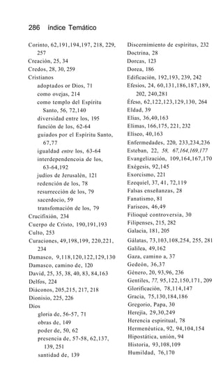 286 índice Temático
Corinto, 62,191,194,197, 218, 229,
257
Creación, 25, 34
Credos, 28, 30, 259
Cristianos
adoptados or Dios, 71
como ovejas, 214
como templo del Espíritu
Santo, 56, 72,140
diversidad entre los, 195
función de los, 62-64
guiados por el Espíritu Santo,
67,77
igualdad entre los, 63-64
interdependencoia de los,
63-64,192
judíos de Jerusalén, 121
redención de los, 78
resurrección de los, 79
sacerdocio, 59
transfomación de los, 79
Crucifixión, 234
Cuerpo de Cristo, 190,191,193
Culto, 253
Curaciones, 49,198,199, 220,221,
234
Damasco, 9,118,120,122,129,130
Damasco, camino de, 120
David, 25, 35, 38, 40, 83, 84,163
Delfos, 224
Diáconos, 205,215, 217, 218
Dionisio, 225, 226
Dios
gloria de, 56-57, 71
obras de, 149
poder de, 50, 62
presencia de, 57-58, 62,137,
139, 251
santidad de, 139
Discernimiento de espíritus, 232
Doctrina, 28
Dorcas, 123
Dorea, 186
Edificación, 192,193, 239, 242
Efesios, 24, 60,131,186,187,189,
202, 240,281
Éfeso, 62,122,123,129,130, 264
Eldad, 39
Elias, 36,40,163
Elimas, 166,175, 221, 232
Elíseo, 40,163
Enfermedades, 220, 233,234,236
Esteban, 22, 58, 67,164,169,177
Evangelización, 109,164,167,170
Exégesis, 92,145
Exorcismo, 221
Ezequiel, 37, 41, 72,119
Falsas enseñanzas, 28
Fanatismo, 81
Fariseos, 46,49
Filioqué controversia, 30
Filipenses, 215, 282
Galacia, 181, 205
Gálatas, 73,103,108,254, 255, 281
Galilea, 49,162
Gaza, camino a, 37
Gedeón, 36,37
Género, 20, 93,96, 236
Gentiles, 77, 95,122,150,171, 209
Glorificación, 78,114,147
Gracia, 75,130,184,186
Gregorio, Papa, 30
Herejía, 29,30,249
Herencia espiritual, 78
Hermenéutica, 92, 94,104,154
Hipostática, unión, 94
Historia, 93,108,109
Humildad, 76,170
 