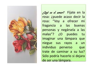¿Qué es el amor? Fíjate en la
rosa: ¿puede acaso decir la
rosa: “Voy a ofrecer mi
fragancia a las buenas
personas y negársela a las
malas”? ¿O puedes tu
imaginar una lámpara que
niegue sus rayos a un
individuo perverso que
trate de caminar a su luz?
Sólo podría hacerlo si dejara
de ser una lámpara.
 