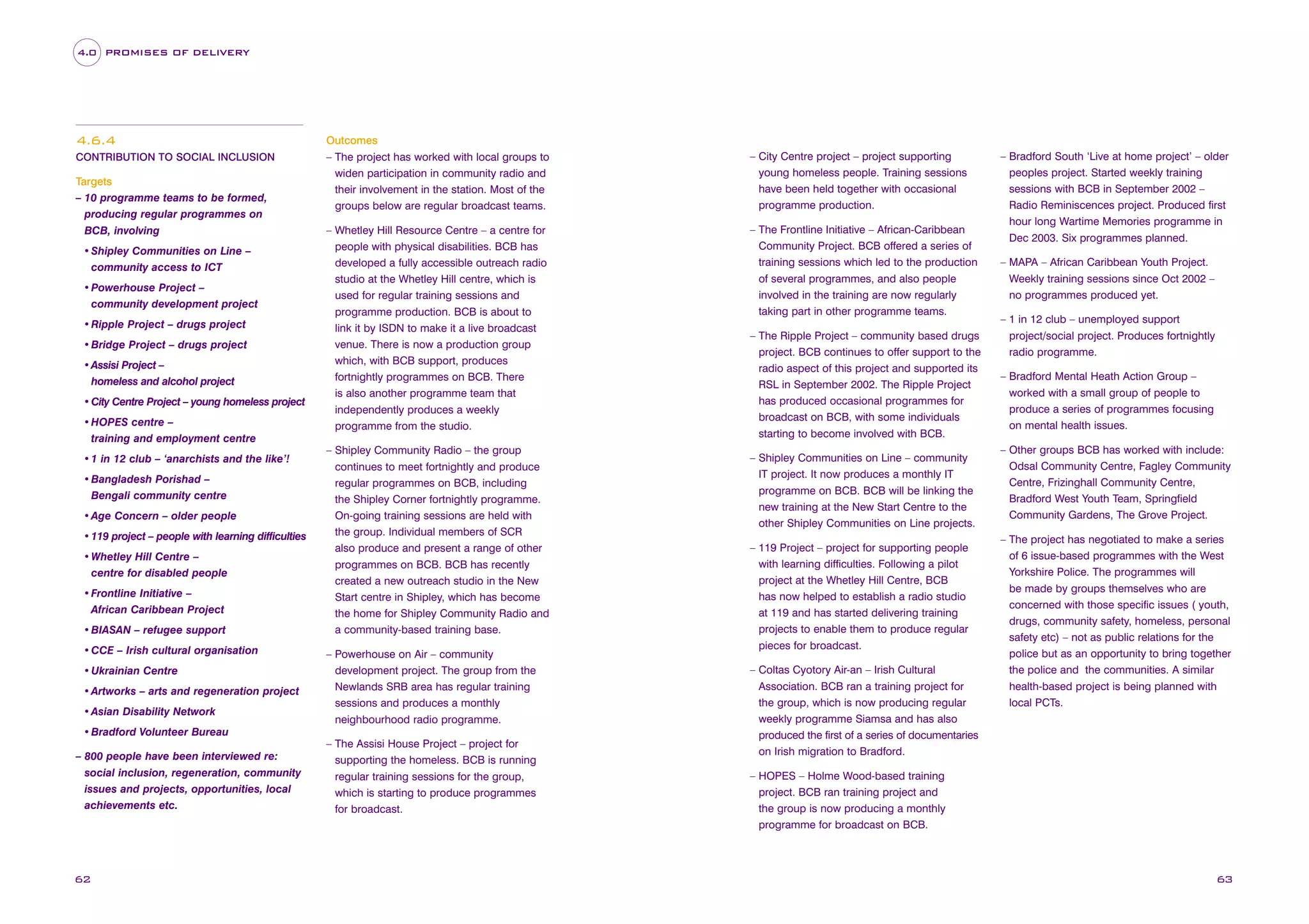 4.0 PROMISES OF DELIVERY

4.6.4
CONTRIBUTION TO SOCIAL INCLUSION

Targets
– 10 programme teams to be formed,
producing regular programmes on
BCB, involving
• Shipley Communities on Line –
community access to ICT
• Powerhouse Project –
community development project
• Ripple Project – drugs project
• Bridge Project – drugs project
• Assisi Project –
homeless and alcohol project
• City Centre Project – young homeless project
• HOPES centre –
training and employment centre
• 1 in 12 club – ‘anarchists and the like’!
• Bangladesh Porishad –
Bengali community centre
• Age Concern – older people
• 119 project – people with learning difficulties
• Whetley Hill Centre –
centre for disabled people
• Frontline Initiative –
African Caribbean Project
• BIASAN – refugee support
• CCE – Irish cultural organisation
• Ukrainian Centre
• Artworks – arts and regeneration project
• Asian Disability Network

Outcomes
– The project has worked with local groups to
widen participation in community radio and
their involvement in the station. Most of the
groups below are regular broadcast teams.
– Whetley Hill Resource Centre – a centre for
people with physical disabilities. BCB has
developed a fully accessible outreach radio
studio at the Whetley Hill centre, which is
used for regular training sessions and
programme production. BCB is about to
link it by ISDN to make it a live broadcast
venue. There is now a production group
which, with BCB support, produces
fortnightly programmes on BCB. There
is also another programme team that
independently produces a weekly
programme from the studio.
– Shipley Community Radio – the group
continues to meet fortnightly and produce
regular programmes on BCB, including
the Shipley Corner fortnightly programme.
On-going training sessions are held with
the group. Individual members of SCR
also produce and present a range of other
programmes on BCB. BCB has recently
created a new outreach studio in the New
Start centre in Shipley, which has become
the home for Shipley Community Radio and
a community-based training base.
– Powerhouse on Air – community
development project. The group from the
Newlands SRB area has regular training
sessions and produces a monthly
neighbourhood radio programme.

• Bradford Volunteer Bureau
– 800 people have been interviewed re:
social inclusion, regeneration, community
issues and projects, opportunities, local
achievements etc.

62

– The Assisi House Project – project for
supporting the homeless. BCB is running
regular training sessions for the group,
which is starting to produce programmes
for broadcast.

– City Centre project – project supporting
young homeless people. Training sessions
have been held together with occasional
programme production.
– The Frontline Initiative – African-Caribbean
Community Project. BCB offered a series of
training sessions which led to the production
of several programmes, and also people
involved in the training are now regularly
taking part in other programme teams.
– The Ripple Project – community based drugs
project. BCB continues to offer support to the
radio aspect of this project and supported its
RSL in September 2002. The Ripple Project
has produced occasional programmes for
broadcast on BCB, with some individuals
starting to become involved with BCB.
– Shipley Communities on Line – community
IT project. It now produces a monthly IT
programme on BCB. BCB will be linking the
new training at the New Start Centre to the
other Shipley Communities on Line projects.
– 119 Project – project for supporting people
with learning difficulties. Following a pilot
project at the Whetley Hill Centre, BCB
has now helped to establish a radio studio
at 119 and has started delivering training
projects to enable them to produce regular
pieces for broadcast.
– Coltas Cyotory Air-an – Irish Cultural
Association. BCB ran a training project for
the group, which is now producing regular
weekly programme Siamsa and has also
produced the first of a series of documentaries
on Irish migration to Bradford.

– Bradford South ‘Live at home project’ – older
peoples project. Started weekly training
sessions with BCB in September 2002 –
Radio Reminiscences project. Produced first
hour long Wartime Memories programme in
Dec 2003. Six programmes planned.
– MAPA – African Caribbean Youth Project.
Weekly training sessions since Oct 2002 –
no programmes produced yet.
– 1 in 12 club – unemployed support
project/social project. Produces fortnightly
radio programme.
– Bradford Mental Heath Action Group –
worked with a small group of people to
produce a series of programmes focusing
on mental health issues.
– Other groups BCB has worked with include:
Odsal Community Centre, Fagley Community
Centre, Frizinghall Community Centre,
Bradford West Youth Team, Springfield
Community Gardens, The Grove Project.
– The project has negotiated to make a series
of 6 issue-based programmes with the West
Yorkshire Police. The programmes will
be made by groups themselves who are
concerned with those specific issues ( youth,
drugs, community safety, homeless, personal
safety etc) – not as public relations for the
police but as an opportunity to bring together
the police and the communities. A similar
health-based project is being planned with
local PCTs.

– HOPES – Holme Wood-based training
project. BCB ran training project and
the group is now producing a monthly
programme for broadcast on BCB.

63

 