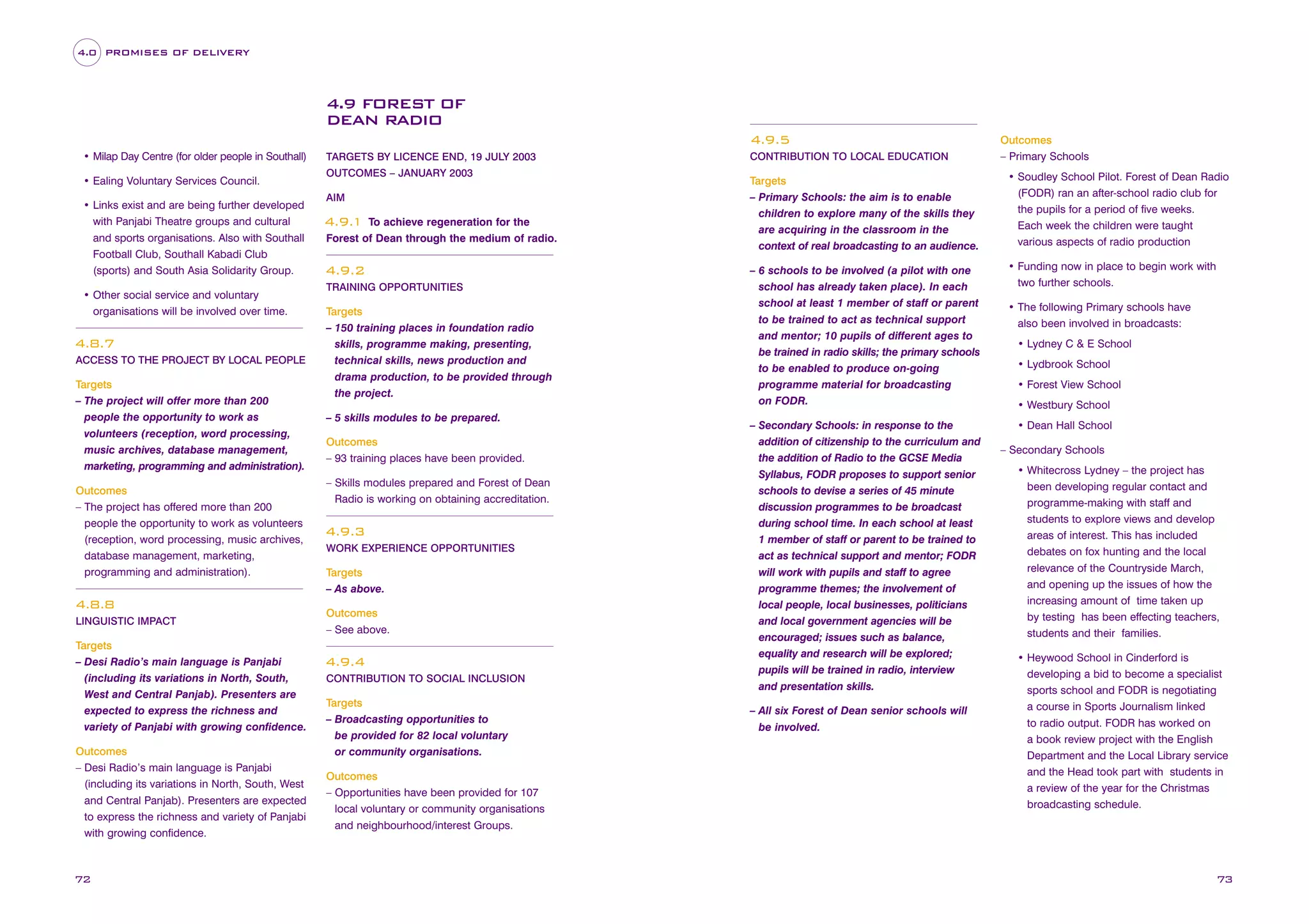 4.0 PROMISES OF DELIVERY

4.9 FOREST OF
DEAN RADIO
4.9.5
• Milap Day Centre (for older people in Southall)
• Ealing Voluntary Services Council.
• Links exist and are being further developed
with Panjabi Theatre groups and cultural
and sports organisations. Also with Southall
Football Club, Southall Kabadi Club
(sports) and South Asia Solidarity Group.
• Other social service and voluntary
organisations will be involved over time.

4.8.7
ACCESS TO THE PROJECT BY LOCAL PEOPLE

Targets
– The project will offer more than 200
people the opportunity to work as
volunteers (reception, word processing,
music archives, database management,
marketing, programming and administration).
Outcomes
– The project has offered more than 200
people the opportunity to work as volunteers
(reception, word processing, music archives,
database management, marketing,
programming and administration).

TARGETS BY LICENCE END, 19 JULY 2003
OUTCOMES – JANUARY 2003
AIM

To achieve regeneration for the
Forest of Dean through the medium of radio.

4.9.1

4.9.2
TRAINING OPPORTUNITIES

Targets
– 150 training places in foundation radio
skills, programme making, presenting,
technical skills, news production and
drama production, to be provided through
the project.
– 5 skills modules to be prepared.
Outcomes
– 93 training places have been provided.
– Skills modules prepared and Forest of Dean
Radio is working on obtaining accreditation.

4.9.3
WORK EXPERIENCE OPPORTUNITIES

Targets
– As above.

4.8.8
LINGUISTIC IMPACT

Targets
– Desi Radio’s main language is Panjabi
(including its variations in North, South,
West and Central Panjab). Presenters are
expected to express the richness and
variety of Panjabi with growing confidence.
Outcomes
– Desi Radio’s main language is Panjabi
(including its variations in North, South, West
and Central Panjab). Presenters are expected
to express the richness and variety of Panjabi
with growing confidence.

72

Outcomes
– See above.

4.9.4
CONTRIBUTION TO SOCIAL INCLUSION

Targets
– Broadcasting opportunities to
be provided for 82 local voluntary
or community organisations.
Outcomes
– Opportunities have been provided for 107
local voluntary or community organisations
and neighbourhood/interest Groups.

CONTRIBUTION TO LOCAL EDUCATION

Outcomes
– Primary Schools

Targets
– Primary Schools: the aim is to enable
children to explore many of the skills they
are acquiring in the classroom in the
context of real broadcasting to an audience.

• Soudley School Pilot. Forest of Dean Radio
(FODR) ran an after-school radio club for
the pupils for a period of five weeks.

– 6 schools to be involved (a pilot with one
school has already taken place). In each
school at least 1 member of staff or parent
to be trained to act as technical support
and mentor; 10 pupils of different ages to
be trained in radio skills; the primary schools
to be enabled to produce on-going
programme material for broadcasting
on FODR.

• Funding now in place to begin work with
two further schools.

– Secondary Schools: in response to the
addition of citizenship to the curriculum and
the addition of Radio to the GCSE Media
Syllabus, FODR proposes to support senior
schools to devise a series of 45 minute
discussion programmes to be broadcast
during school time. In each school at least
1 member of staff or parent to be trained to
act as technical support and mentor; FODR
will work with pupils and staff to agree
programme themes; the involvement of
local people, local businesses, politicians
and local government agencies will be
encouraged; issues such as balance,
equality and research will be explored;
pupils will be trained in radio, interview
and presentation skills.
– All six Forest of Dean senior schools will
be involved.

Each week the children were taught
various aspects of radio production

• The following Primary schools have
also been involved in broadcasts:
• Lydney C & E School
• Lydbrook School
• Forest View School
• Westbury School
• Dean Hall School
– Secondary Schools
• Whitecross Lydney – the project has
been developing regular contact and
programme-making with staff and
students to explore views and develop
areas of interest. This has included
debates on fox hunting and the local
relevance of the Countryside March,
and opening up the issues of how the
increasing amount of time taken up
by testing has been effecting teachers,
students and their families.
• Heywood School in Cinderford is
developing a bid to become a specialist
sports school and FODR is negotiating
a course in Sports Journalism linked
to radio output. FODR has worked on
a book review project with the English
Department and the Local Library service
and the Head took part with students in
a review of the year for the Christmas
broadcasting schedule.

73

 