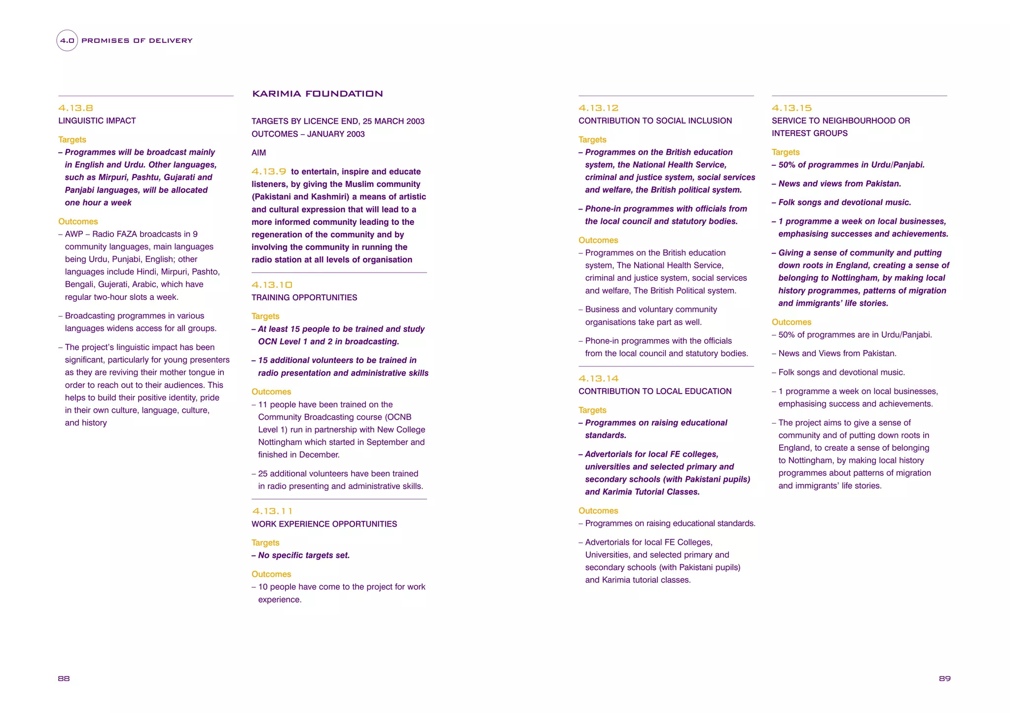 4.0 PROMISES OF DELIVERY

KARIMIA FOUNDATION
4.1 2
3.1

4.1
3.8
LINGUISTIC IMPACT

Targets
– Programmes will be broadcast mainly
in English and Urdu. Other languages,
such as Mirpuri, Pashtu, Gujarati and
Panjabi languages, will be allocated
one hour a week
Outcomes
– AWP – Radio FAZA broadcasts in 9
community languages, main languages
being Urdu, Punjabi, English; other
languages include Hindi, Mirpuri, Pashto,
Bengali, Gujerati, Arabic, which have
regular two-hour slots a week.
– Broadcasting programmes in various
languages widens access for all groups.
– The project’s linguistic impact has been
significant, particularly for young presenters
as they are reviving their mother tongue in
order to reach out to their audiences. This
helps to build their positive identity, pride
in their own culture, language, culture,
and history

TARGETS BY LICENCE END, 25 MARCH 2003
OUTCOMES – JANUARY 2003
AIM

to entertain, inspire and educate
listeners, by giving the Muslim community
(Pakistani and Kashmiri) a means of artistic
and cultural expression that will lead to a
more informed community leading to the
regeneration of the community and by
involving the community in running the
radio station at all levels of organisation

4.1
3.9

4.1
3.10
TRAINING OPPORTUNITIES

Targets
– At least 15 people to be trained and study
OCN Level 1 and 2 in broadcasting.
– 15 additional volunteers to be trained in
radio presentation and administrative skills
Outcomes
– 11 people have been trained on the
Community Broadcasting course (OCNB
Level 1) run in partnership with New College
Nottingham which started in September and
finished in December.
– 25 additional volunteers have been trained
in radio presenting and administrative skills.

4.1
3.11
WORK EXPERIENCE OPPORTUNITIES

Targets
– No specific targets set.
Outcomes
– 10 people have come to the project for work
experience.

88

4.1 5
3.1

CONTRIBUTION TO SOCIAL INCLUSION

SERVICE TO NEIGHBOURHOOD OR

Targets
– Programmes on the British education
system, the National Health Service,
criminal and justice system, social services
and welfare, the British political system.
– Phone-in programmes with officials from
the local council and statutory bodies.
Outcomes
– Programmes on the British education
system, The National Health Service,
criminal and justice system, social services
and welfare, The British Political system.
– Business and voluntary community
organisations take part as well.
– Phone-in programmes with the officials
from the local council and statutory bodies.

4.1 4
3.1
CONTRIBUTION TO LOCAL EDUCATION

Targets
– Programmes on raising educational
standards.
– Advertorials for local FE colleges,
universities and selected primary and
secondary schools (with Pakistani pupils)
and Karimia Tutorial Classes.

INTEREST GROUPS

Targets
– 50% of programmes in Urdu/Panjabi.
– News and views from Pakistan.
– Folk songs and devotional music.
– 1 programme a week on local businesses,
emphasising successes and achievements.
– Giving a sense of community and putting
down roots in England, creating a sense of
belonging to Nottingham, by making local
history programmes, patterns of migration
and immigrants’ life stories.
Outcomes
– 50% of programmes are in Urdu/Panjabi.
– News and Views from Pakistan.
– Folk songs and devotional music.
– 1 programme a week on local businesses,
emphasising success and achievements.
– The project aims to give a sense of
community and of putting down roots in
England, to create a sense of belonging
to Nottingham, by making local history
programmes about patterns of migration
and immigrants’ life stories.

Outcomes
– Programmes on raising educational standards.
– Advertorials for local FE Colleges,
Universities, and selected primary and
secondary schools (with Pakistani pupils)
and Karimia tutorial classes.

89

 