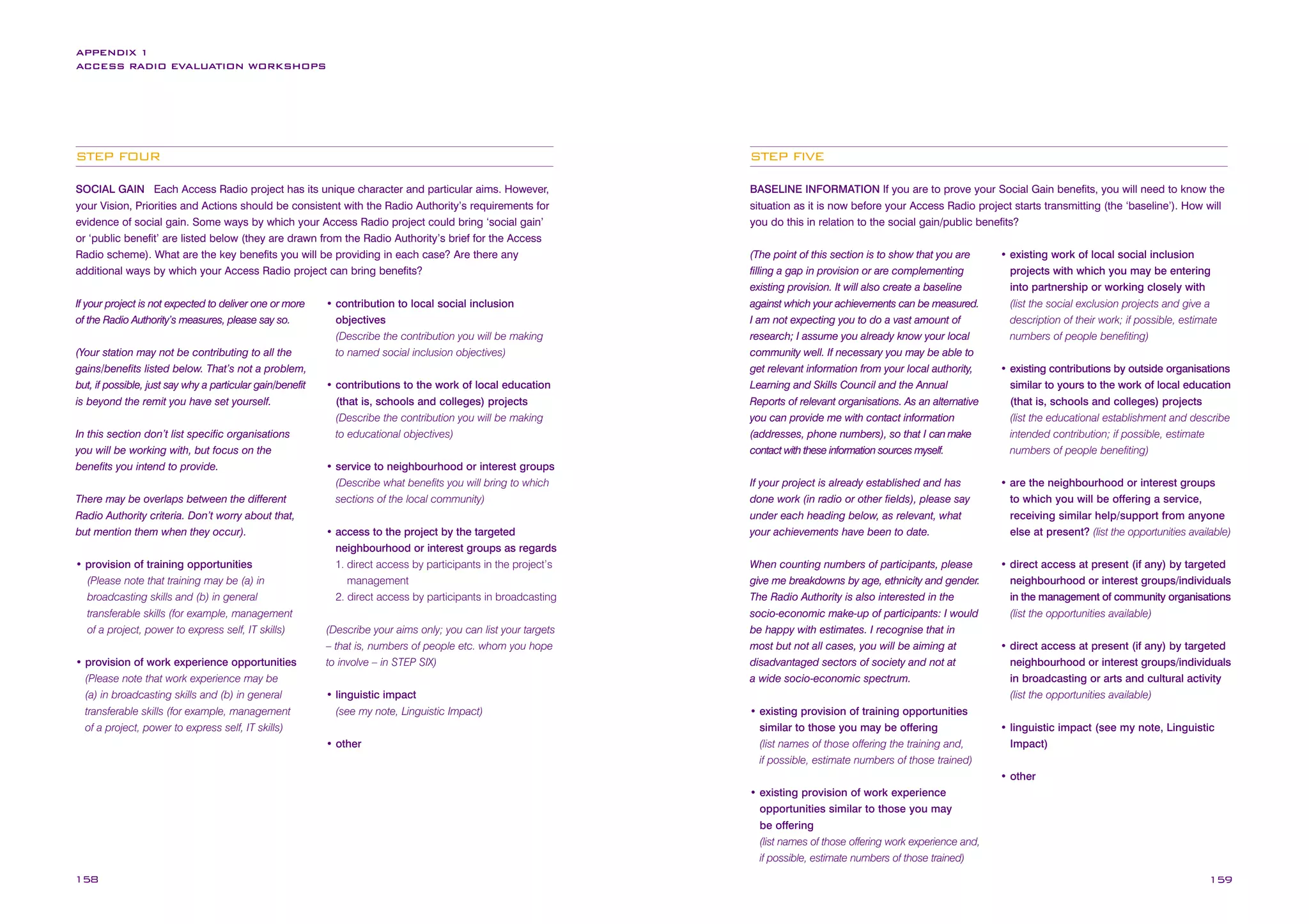 APPENDIX 1
ACCESS RADIO EVALUATION WORKSHOPS

STEP FOUR

STEP FIVE

SOCIAL GAIN Each Access Radio project has its unique character and particular aims. However,
your Vision, Priorities and Actions should be consistent with the Radio Authority’s requirements for
evidence of social gain. Some ways by which your Access Radio project could bring ‘social gain’
or ‘public benefit’ are listed below (they are drawn from the Radio Authority’s brief for the Access
Radio scheme). What are the key benefits you will be providing in each case? Are there any
additional ways by which your Access Radio project can bring benefits?

BASELINE INFORMATION If you are to prove your Social Gain benefits, you will need to know the
situation as it is now before your Access Radio project starts transmitting (the ‘baseline’). How will
you do this in relation to the social gain/public benefits?

If your project is not expected to deliver one or more
of the Radio Authority’s measures, please say so.
(Your station may not be contributing to all the
gains/benefits listed below. That’s not a problem,
but, if possible, just say why a particular gain/benefit
is beyond the remit you have set yourself.
In this section don’t list specific organisations
you will be working with, but focus on the
benefits you intend to provide.
There may be overlaps between the different
Radio Authority criteria. Don’t worry about that,
but mention them when they occur).
• provision of training opportunities
(Please note that training may be (a) in
broadcasting skills and (b) in general
transferable skills (for example, management
of a project, power to express self, IT skills)
• provision of work experience opportunities
(Please note that work experience may be
(a) in broadcasting skills and (b) in general
transferable skills (for example, management
of a project, power to express self, IT skills)

• contribution to local social inclusion
objectives
(Describe the contribution you will be making
to named social inclusion objectives)
• contributions to the work of local education
(that is, schools and colleges) projects
(Describe the contribution you will be making
to educational objectives)
• service to neighbourhood or interest groups
(Describe what benefits you will bring to which
sections of the local community)
• access to the project by the targeted
neighbourhood or interest groups as regards
1. direct access by participants in the project’s
management
2. direct access by participants in broadcasting
(Describe your aims only; you can list your targets
– that is, numbers of people etc. whom you hope
to involve – in STEP SIX)
• linguistic impact
(see my note, Linguistic Impact)
• other

(The point of this section is to show that you are
filling a gap in provision or are complementing
existing provision. It will also create a baseline
against which your achievements can be measured.
I am not expecting you to do a vast amount of
research; I assume you already know your local
community well. If necessary you may be able to
get relevant information from your local authority,
Learning and Skills Council and the Annual
Reports of relevant organisations. As an alternative
you can provide me with contact information
(addresses, phone numbers), so that I can make
contact with these information sources myself.

• existing work of local social inclusion
projects with which you may be entering
into partnership or working closely with
(list the social exclusion projects and give a
description of their work; if possible, estimate
numbers of people benefiting)

If your project is already established and has
done work (in radio or other fields), please say
under each heading below, as relevant, what
your achievements have been to date.

• are the neighbourhood or interest groups
to which you will be offering a service,
receiving similar help/support from anyone
else at present? (list the opportunities available)

When counting numbers of participants, please
give me breakdowns by age, ethnicity and gender.
The Radio Authority is also interested in the
socio-economic make-up of participants: I would
be happy with estimates. I recognise that in
most but not all cases, you will be aiming at
disadvantaged sectors of society and not at
a wide socio-economic spectrum.

• direct access at present (if any) by targeted
neighbourhood or interest groups/individuals
in the management of community organisations
(list the opportunities available)

• existing provision of training opportunities
similar to those you may be offering
(list names of those offering the training and,
if possible, estimate numbers of those trained)

• existing contributions by outside organisations
similar to yours to the work of local education
(that is, schools and colleges) projects
(list the educational establishment and describe
intended contribution; if possible, estimate
numbers of people benefiting)

• direct access at present (if any) by targeted
neighbourhood or interest groups/individuals
in broadcasting or arts and cultural activity
(list the opportunities available)
• linguistic impact (see my note, Linguistic
Impact)
• other

• existing provision of work experience
opportunities similar to those you may
be offering
(list names of those offering work experience and,
if possible, estimate numbers of those trained)

158

159

 