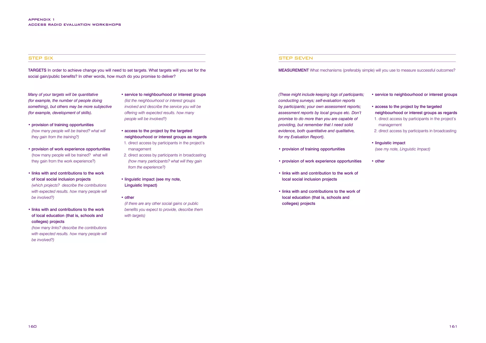APPENDIX 1
ACCESS RADIO EVALUATION WORKSHOPS

STEP SIX

STEP SEVEN

TARGETS In order to achieve change you will need to set targets. What targets will you set for the
social gain/public benefits? In other words, how much do you promise to deliver?

MEASUREMENT What mechanisms (preferably simple) will you use to measure successful outcomes?

Many of your targets will be quantitative
(for example, the number of people doing
something), but others may be more subjective
(for example, development of skills).

(These might include keeping logs of participants;
conducting surveys; self-evaluation reports
by participants; your own assessment reports;
assessment reports by local groups etc. Don’t
promise to do more than you are capable of
providing, but remember that I need solid
evidence, both quantitative and qualitative,
for my Evaluation Report).

• provision of training opportunities
(how many people will be trained? what will
they gain from the training?)
• provision of work experience opportunities
(how many people will be trained? what will
they gain from the work experience?)
• links with and contributions to the work
of local social inclusion projects
(which projects? describe the contributions
with expected results. how many people will
be involved?)
• links with and contributions to the work
of local education (that is, schools and
colleges) projects
(how many links? describe the contributions
with expected results. how many people will
be involved?)

160

• service to neighbourhood or interest groups
(list the neighbourhood or interest groups
involved and describe the service you will be
offering with expected results. how many
people will be involved?)
• access to the project by the targeted
neighbourhood or interest groups as regards
1. direct access by participants in the project’s
management
2. direct access by participants in broadcasting
(how many participants? what will they gain
from the experience?)
• linguistic impact (see my note,
Linguistic Impact)
• other
(if there are any other social gains or public
benefits you expect to provide, describe them
with targets)

• service to neighbourhood or interest groups
• access to the project by the targeted
neighbourhood or interest groups as regards
1. direct access by participants in the project’s
management
2. direct access by participants in broadcasting

• provision of training opportunities

• linguistic impact
(see my note, Linguistic Impact)

• provision of work experience opportunities

• other

• links with and contribution to the work of
local social inclusion projects
• links with and contributions to the work of
local education (that is, schools and
colleges) projects

161

 
