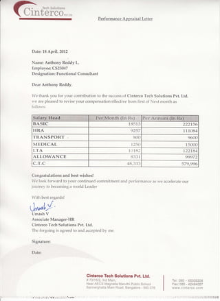-a=ry

d.

.Tech Solutions

ulntefco,*,,,

Performance Appraisal Letter

Date: L8 April,2012
Name: Anthony R"iay t,
Employee: C523047
Designation: Functional Consultant
Dear Anthony Reddy,
We thank you for your contribution to the success of Cinterco Tech Solutions Pvt. Ltd.
we are pleased to revise your compensation effective from first of Next month as

follows:

BASIC
TRANSPORT

MEDICAL
122184

ALLOI^/ANCE

Congratulations and best wishes!
We look forward to your continued commitrhent and performance as we accelerate our
joumey to becoming a world Leader
With best regards!

l*L!

Umash V
Associate Manager-HR
Cinterco Tech Solutions Pvt. Ltd.
The forgoing is agreed to and accepted by me.
Signature;

, ,:,

.::::,,,

Date:

Cinterco Tech Solutions Pvt. Ltd.
#7311512,3rd Main,

[$'il';,:'::': .l

r:

r'

,i

:r,'r

.,:.rl*:iridi,ii:iji',liI., il,lii$a,j1ld-ij"fr:+iJ.;l

Tel: 080 - 65305208

NeaTAECS Magnelia Maruthi Public School
Bannerghatta Main Road, Bangalore - 560 076

Fax: 080 - 42464057
www,cinterco. com

 