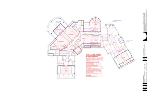ARCHITECTUREresidential
DATE &
PHASE
PROJECT
SHEET No.
STEPHENCLUGGISH,Architect,
3101ChurchillRd.,Raleigh,N.C.27607PHONE/FAX:919-510-9477
WEB:www.residentialarchitecture.netEMAIL:info@residentialarchitecture.net
REITZRESIDENCE
LOT16&17atSEATRACE&HOLLYLANE
MOREHEADTOWNSHIP,CARTARETCOUNTY
1.12/11/2004SITEPLAN
2.2/8/2004PRECONSTRUCTIONSET
3.2/26/2004PERMIT&CONSTRUCTIONSET
4.
5.
18'-81/2"
RAISED CEIL IN BATH BELOW
EL-11-6 AFF
3 STUDS
RAISED CEIL COMON SPACE
EL-14' TO BOT JSTS
3 STUDS
BRING FIELD DETERMINED KING
SUPPORTS TO THIS LOCATION
3 CASED 2X6
RAISED CEIL IN MASTER SITTING BELOW
EL-14'TO BOT JSTS
UPPER FLOOR FRAMING
DBL JST
EXERCISE
* JOISTS @ 16" OC OR AS NOTED
*DOT REPRESENTS FLUSH CONNECTION
JOIST HANGER OR LEDGER PER BUILDER
DROP FLOOR HERE
SLOPE
*POINT LOAD SYMBOLS ARE FOR TRACKING AND CALCULATING LOADING AND BEAM
SIZING. NO ACTION IS REQUIRED EXCEPT AS NOTED.
POINT LOADS
*DROP OR FLUSH BEAM AS NOTED
2 STUD BEARING EXCEPT AS NOTED
*DROP CASED FALSE OR STRUCTURAL BEAM AS NOTED
*STEEL BEAM AS NOTED
DROP BEAMS, FLUSH BEAMS, SPECIAL HEADERS
*STANDARD DROP HEADERS FOR DOORS & WINDOWS TO CONFORM TO TABLE 502.5(1)
*OR_FOR ALL HEADERS IN BEARING WALLS UP TO 5' SPAN __2-2X10 #2 SPF
1 JACK STUD REQUIRED
*AND_ FOR ALL HEADERS IN BEARING WALLS FROM 5' TO 9' SPAN__2-1.75 X 9.5 LVL
2 JACK STUDS REQUIRED
*AND_ FOR SPANS OVER 9' SEE PLAN FOR MEMBER AND # JACK STUDS
STANDARD HEADERS (NOT SHOWN)
SLOPE
*TYPICAL EXTERIOR WALLS_ STUD GRADE 2X4'S @ 16" WITH SINGLE BOTTOM PLATE
& DBL TOP PLATE
*TALL EXTERIOR WALLS_STUD GRADE 2X6'S @ 16" WITH SINGLE SOLE PLATE & DBL
TOP PLATE. WALLS SHOULD BE NOTED. FRAMER MUST DEFER TO TABLE 602.3.1.
*TYPICAL INTERIOR WALLS-STUD GRADE 2X4'S @ 16" WITH SINGLE BOTTOM PLATE &
DBL TOP PLATE.
SLOPE
SLOPE
BATH#2
SLOPE
TIES EACH RAFTER
SLOPE
BEAM
FLUSH
UP_2-9.5"LVL
SLOPE
CLOS
BEAM
FLUSH
UP_2-9.5"LVL BARREL CEILINGCLOS
GUEST
OPEN
SLOPE
BEDROOM#1
BEDROOM#2
BATH#1
BEAM
FLUSH
UP_2-9.5"LVL
CLOS
BEAM FLUSH UP_2-9.5"LVL
OBSERVATION
CLOS
CLOS
SLOPE
CLOS
SLOPE
OFFICE
ATTIC
SLOPE
SLOPE
SLOPE
SLOPE
BEARING
WALL
WALL FRAMING- 9' NOMINAL WALL HT
WALL ABOVE TO
ROOF
FLOOR FRAMNG (FOR ATTIC FLOOR ABOVE)
BEARING WALL
BEARING WALL
COMMON SPACE
BEAM
FLUSH
UP_2-9.5"LVL
THEATRE
SLOPE
SLOPE
SLOPE
SLOPE
BEAM FLUSH UP_2-11.875"LVL
FLAT
BEAM FLUSH UP_2-11.875"LVL
A-3.5
 