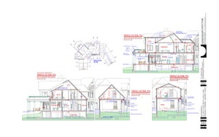 ARCHITECTUREresidential
DATE &
PHASE
PROJECT
SHEET No.
STEPHENCLUGGISH,Architect,
3101ChurchillRd.,Raleigh,N.C.27607PHONE/FAX:919-510-9477
WEB:www.residentialarchitecture.netEMAIL:info@residentialarchitecture.net
REITZRESIDENCE
LOT16&17atSEATRACE&HOLLYLANE
MOREHEADTOWNSHIP,CARTARETCOUNTY
1.12/11/2004SITEPLAN
2.2/8/2004PRECONSTRUCTIONSET
3.2/26/2004PERMIT&CONSTRUCTIONSET
4.
5.
0"
8'-8"
10'-41/2"
-2'-8"
GARAGE FLOOR ELEVATION MAY VARY
DROP BEAM
CANTILEVER ENG JSTS
FLUSH BEAM
GARAGE SLAB-PITCH TO
2'DEEP FALSE ACRCH
OVER GARAGE DOORS
PROFILE SECTION PS1
PROFILE SECTIONS ARE FOR VISUAL REFERENCE
AND HEIGTH RELATIONSHIPS. FIND SPECIFIC NOTES
ON RESPECTIVE PLANS.
GARAGE
16" DEEP ENG JSTS
(AT DROP FLOOR ABOVE GARAGE ONLY)
OFFICE
PROFILE SECTION PS1
PROFILE SECTIONS ARE FOR VISUAL REFERENCE
AND HEIGTH RELATIONSHIPS. FIND SPECIFIC NOTES
ON RESPECTIVE PLANS.
1'-3"
1'-6"
5'-0"
10'-41/2"
CONDITIONAL PER EXCAVATION
GARAGE FLOOR ELEVATION MAY VARY
DROP BEAM
CANTILEVER ENG JSTS
FLUSH BEAM
GARAGE SLAB-PITCH TO
2'DEEP FALSE ACRCH
OVER GARAGE DOORS
PROFILE SECTIONS ARE FOR VISUAL REFERENCE
AND HEIGTH RELATIONSHIPS. FIND SPECIFIC NOTES
ON RESPECTIVE PLANS.
PROFILE SECTION PS2
ATTIC
16" DEEP ENG JSTS
(AT DROP FLOOR ABOVE GARAGE ONLY)
2'-0"
8'-0"
SUPPORT RAFTERS HERE
FLUSH STEEL BEAM
STONE UP TO DECKING
ATTIC
ATTIC
DECK
BATH#3KITCHEN
CRAWL SPACE
PROFILE SECTIONS ARE FOR VISUAL REFERENCE
AND HEIGTH RELATIONSHIPS. FIND SPECIFIC NOTES
ON RESPECTIVE PLANS.
PROFILE SECTION PS3
THIS SECTION HAS A BROKEN VIEW LINE
SCREENED PORCH
BATH#2
14'-0"
9'-11/2"
8'-6"
19'-11 1/2"
FLUSH STEEL BEAM
HYDRO STOP
DROP GIRDER CANTILEVER JSTS
FLUSH UP BEAM
CUT RAFTER TAILS HORIZONTAL & BEAR
ON FLAT 2X10
DROP STEEL BEAMS
PT PITCHED JOISTS-SEE FRAMING PLAN
DROP CASED PERIMETER
PORCH BEAM
BABY RAIL
PARTIAL ROOF
SEE DETAIL SECTION
PARTIAL SOFFIT-
SPACE FOR DRAINAGE
LOW WALL
FLUSH UP BEAM
OVERFRAME ROOF
AREA
WALL
FLAT CEIL
BEARING WALL
SUPPORT BRACES TO
RELIEVE RAFTER SPAN
(SEE ARROWS ON FRAMING PLAN)
BREAK
KITCHEN
HOME OFFICE
CRAWL SPACE
G. BATH
PROFILE SECTIONS ARE FOR VISUAL REFERENCE
AND HEIGTH RELATIONSHIPS. FIND SPECIFIC NOTES
ON RESPECTIVE PLANS.
PROFILE SECTION PS4
OPEN
BEDROOM#2 HALL
ATTIC
AR
3'-4"11'
ARC
2'-8"
11'
PS7
PS7
PS4
PS4
PS1 PS1
PS5PS5
PS8
PS8
PS6PS6
PS3
PS3
PS2 PS2
PROFILE SECTION
KEY PLAN
A-6.1
 