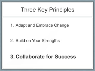 Three Key Principles
1. Adapt and Embrace Change

2. Build on Your Strengths

3. Collaborate for Success

 