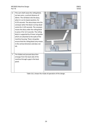 ME20025 Machine Design 09831
Pair 76 10162
24
6 This cam shaft raises the rolling block,
via two cams, a vertical distance of
30mm. The roll block rolls the dosa,
when it is at its lowest position, for
9.375 seconds. The dosa drops onto the
conveyor when the block is at top dead
centre for 3.125 seconds. The conveyor
moves the dosa under the rolling block
to press it for 12.5 seconds. The rolling
block is supported by 4 linear rail guides
which are attached to the walls of the
machine housing. These rail guides
ensure that the rolling block only moves
in the vertical direction and does not
tilt.
7 The folded and pressed dosa then
emerges from the back side of the
machine through a gap in the back
panel.
Table 3.6.1 shows the mode of operation of this design.
 