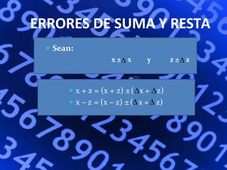ERRORES DE SUMA Y RESTA
 Sean:
x ± x y z ± z
 x + z = (x + z) ±( x + z)
 x – z = (x – z) ±( x + z)
 