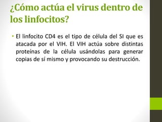 ¿Cómo actúa el virus dentro de
los linfocitos?
• El linfocito CD4 es el tipo de célula del SI que es
atacada por el VIH. El VIH actúa sobre distintas
proteínas de la célula usándolas para generar
copias de sí mismo y provocando su destrucción.
 