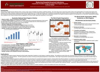 Reducing Hospital-Acquired Infections:
                                                                                                                                                    A Systematic Evaluation of Two Successful Hand Hygiene Programs
                                                                                                                                                                                                                   Anthony Valdez
                                                                                                                                           Humboldt Center for Evolutionary Anthropology, Department of Anthropology, Humboldt State University, Arcata, California, 95521




Introduction
Nosocomial or hospital-acquired infections (HAI’s), remain a major cause of morbidity and mortality in healthcare settings. One of the major ways to reduce the number of HAI’s is the implementation of successful hand hygiene (HH)
programs (Pittet, 2000). Numerous studies have documented the importance of HH in health-care settings, yet HH compliance among health-care workers (HCW’s) is extremely low (Pittet, 2000). Here, I evaluated HH programs from
two countries and identified factors contributing to their success. Based on the data, it is clear that a major factor in developing successful hand hygiene compliance programs is the development of a multimodal, multidisciplinary strategy
that is adopted by local, state and federal levels as suggested by The World Health Organization guidelines on hand hygiene.
                                                                                                                                                                                                                                                                                                                                                             The World Health Organization (WHO)
                                                     Australian National Hand Hygiene Initiative                                                                                                                                        The World Health Organization:                                                                                           Guidelines on Hand Hygiene
 Based on WHO’s “My five moments for Hand Hygiene”                                                                                                                                                                                   “My five moments for hand hygiene”
 A cultural change program that established a multi-site model which involved the employment of both central                                                                                                                                                                                                                                                     WHO Multimodal 5 step Hand Hygiene Strategy:
and state-based HH educators (Grayson et al, 2011). This approach allowed both the central development of
important culture change, education, and data recording materials.                                                                                                                                                                                                                                                                                One System Change
 National Program with Government funding                                                                                                                                                                                                                                                                                                            Alcohol-based handrubs at point of care and access to safe
 Executive Leadership and Jurisdictional Support (Grayson et al, 2011).                                                                                                                                                                                                                                                                              continuous water supply, soap and towels.
 Conducted up to 200 training workshops in all Australian states and territories.
 Established a network of ‘gold standard’ auditors who helped train other HCWs.                                                                                                                                                                                                                                                                 Two Training and education
 Results: Increase of HH compliance and drop in HAI prevalence.                                                                                                                                                                                                                                                                                      Providing regular training to all Health-care workers.

                                                                                                                                                                                                                                                                                                                                                 Three Evaluation and feedback
                                                                                                                                                                                                                                                                                                                                                      Monitoring hand hygiene practices, infrastructure,
                                                                                                                                                                                                                                                                                                                                                      perceptions, and knowledge, while providing results
                                                                                                                                                                                                                                                                                                                                                      feedback to health-care workers.

                                                                                                                                                                                                                                                                                                                                                 Four Reminders in the workplace
                                                                                                                                                                                                                                                                                                                                                      Prompting and reminding health-care workers.
                                                                                                                                                                                                                                          Hand hygiene is a core element of patient
                                                                                                                                                                                                                                    safety. Its promotion represents a challenge that     Five Institutional safety climate
                                                                                                                                                                                                                                    requires a multimodal strategy using clear and simple       Individual active participation, institutional support, patient
                                                                                                                                                                                                                                    conceptual framework.                                       participation.
               This graph illustrates an increase in educational engagement                                                    Knowledge of hand hygiene before and after the WHO’s ‘My five
               through the National Hygiene Initiative.                                                                        moments for hand hygiene’ in Mali, Africa.                                                                 The development of “My five moments for hand
                                                                         Hand Hygiene in Mali, Africa                                                                                                                               hygiene” involved a user-centered approach
 Full implementation of the WHO strategy at University Hospital, Bamako, Mali                                                                                                                                                      incorporating strategies of human factors and
 Local production of pocket bottles of the WHO hand rubbing formulation.                                                                                                                                                           cognitive behavior (Sax et al, 2007). It describes
 Increased ministerial engagement on national scale.                                                                                                                                                                               fundamental reference points for HCWs in a time-
 Implementation of the WHO’s Multimodal 5 step HH                                                                                                                                                                                  space framework and designates moments when                         ??
 Key educational messages was based on the WHO’s “My five moments for hand hygiene.”                                                                                                                                               hand hygiene is necessary (Sax et al, 2007).
 Participants attend an education session including training films.                                                                                                                                                                      “My five moments for hand hygiene” bridges the
 Results: Increase of HH compliance and drop in HAI prevalence.                                                                                                                                                                    gap between scientific evidence and daily health
                                                                                                                                                                                                                                    practice (Sax et al, 2007).                                                    World Health Organization, figure 1


Implications
 Successful hand hygiene programs followed the World Health Organization Guidelines on hand hygiene in healthcare settings. The guidelines provide HCWs with a thorough review of evidence on HH in healthcare and specific
recommendations to improve practices. The WHO guidelines are unique in that they provide global perspectives in implementation, they bridge the gap between developing and developed countries, and provide innovated insight on
religious and cultural aspects.
 Educational and motivational programs for healthcare workers were also factors for successful hand hygiene programs, including factors that influence behavior. It is important to note that educational programs are not enough for
lasting improvement and other behavioral influences should be included. Education is important and critical for success and represents one of the cornerstones for improvement of hand hygiene (www.who.int).
 Political commitment is essential to achieve improvement in infection control, 38 countries have national or subnational campaigns, excluding the United States (Figure 1). It is important for national governments to make improving HH
adherence a national priority and consider a funded, coordinated implementation program while strengthening the infection control capacities within healthcare settings. Furthermore, national governments should encourage healthcare
settings to use hand hygiene as a quality indicator in patient safety (www.who.int).
 The United States needs to get on board with its own hand hygiene initiative to increase compliance, to lower HAI prevalence and costs, and to save lives.
Acknowledgments
I would like to thank the Department of Anthropology, the College of Arts, Humanities, and Social Sciences, the Office of Research and Supporting Programs, and May Patiño for help with this research.
References
                                                                                                                                                                                                                                                                                                                                                                                                                                               1
Allegranzi, Benedetta, Hugo Sax, Loséni Bengaly, Hervé Richet, Daouda K Minta, Marie-Noelle Chraiti, Fatoumata Maiga Sokona, Angèle Gayet-Ageron, Pascal Bonnabry, and Didier Pittet.(2010). "Successful Implementation of the World Health Organization Hand Hygiene Improvement Strategy in a Referral Hospital in Mali, Africa." Infection Control and Hospital Epidemiology : The Official Journal of the Society of Hospital Epidemiologists of America, 31.2. 133-141.
Grayson, M Lindsay, Philip L Russo, Marilyn Cruickshank, Jacqui L Bear, Christine A Gee, Clifford F Hughes, Paul D R Johnson, Rebecca McCann, Alison J McMillan, Brett G Mitchell, Christine E Selvey, Robin E Smith, and Irene Wilkinson. (2011). "Outcomes from the First 2 Years of the Australian National Hand Hygiene Initiative." The Medical Journal of Australia, 195.10. 615-619.
Pittet, Didier. Improving Hand Hygiene Worldwide. [Webinar]. Retrieved from http://http://www.who.int/gpsc/5may/news/webinars/pittet_ppt_20100505_en.pdf.
Pittet, Didier. (2000). “Improving compliance with hand hygiene in hospitals”. Infection Control and Hospital Epidemiology, 21(6), 381-386.
Sax, H, B Allegranzi, I Uçkay, E Larson, J Boyce, and D Pittet. ( 2007). "'My Five Moments for Hand Hygiene': A User-centred Design Approach to Understand, Train, Monitor and Report Hand Hygiene." The Journal of Hospital Infection, 67.1. 9-21.
 