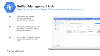 Unified Management Hub
Single pane of glass across Google Cloud & on-premises & other public cloud
01 Orchestrate and mana...