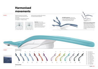 CLASSE A3 PLUS.14
102	
113	
106	
136	
135	
115	
132	
134	
103	
123	
101	
137	
121	
130	
102 113 106 136 135 115 132 134 103 137 121 130123 101
198 186196183 194 192 184195 180199187193 197182
BALANCE
COLOURS
Harmonised
movements
Operational ergonomics and patient
comfort are the natural outcome of the
unit’s design.
The upholstery is hard-wearing, seamless
and available in 14 different colours.
Optional anatomical padding offers patients
an exclusive wellness experience.
Backrests. A choice of two
backrest options (narrow backrest/
wide backrest) meets all the
dentist’s ergonomic needs.
As always, the backrest guarantees
patient comfort and easy access.
Vertical travel and lifting capacity.
A long vertical travel (37-80 cm)
makes it easier to provide treatment in
comfort and allows easy patient chair
access for the elderly. The patient chair
is certified to lift patients weighing up
to 190 kg.
ISO-JOINT ergonomics. Thanks to new
ISO-JOINT geometry, compensated backrest-
seat movement maximises comfort and
minimises sliding of the patient’s head.
Standard upholstery
Anatomical padding
198	 Atlantic blue
183	 Pacific blue
196	 Mediterranean blue
186	 Indian blue
194	 Venetian red
195	 Scottish salmon
192	 Blueberry violet
184	 Japanese wisteria
182	 Nevada yellow
193	 Polynesian green
197	 Caribbean green
187	 Satin silver
199	 Anthracite grey
180	 Graphite black
 
