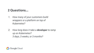 2 Questions...
1. How many of your customers build
wrappers or a platform on top of
Kubernetes?
2. How long does it take a developer to ramp
up on Kubernetes?
3 days, 3 weeks, or 3 months?
 