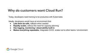 Why do customers want Cloud Run?
Today, developers need training to be productive with Kubernetes
Ideally, developers would have an environment that:
● Lets them be safe, rollback when needed
● Rapidly scales, without the need for capacity planning
● Has logging, monitoring / observability built in
● Makes everything repeatable, Integrates CI/CD, scales out to other teams / environment
 