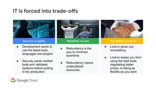 IT is forced into trade-offs
● Development wants to
use the latest tools,
languages and plugins
● Security wants verified
tools and validated
systems before putting
it into production
Security vs Agility
● Redundancy is the
way to minimize
downtime
● Redundancy means
underutilized
resources
Reliability vs Cost
● Lock-in gives you
consistency
● Lock-in keeps you from
using the best tools,
negotiating better
prices, or being as
flexible as you want
Portability vs lock-in
 