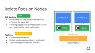 GKE Sandbox
● Run trusted and untrusted workloads with
gVisor on the same VM
● General purpose solution that doesn’t need to
be customized for most applications
AppArmor
● Kubernetes Beta feature
● Reduce privileges accessible by application
● Application-speciﬁc proﬁles required
Isolate Pods on Nodes
Container A
host kernel
virtual machine
gVisor
Container B
gVisor
syscalls syscalls
limited syscalls
Container A
GKEGA
GKE, On-prem, AWS BETA
 