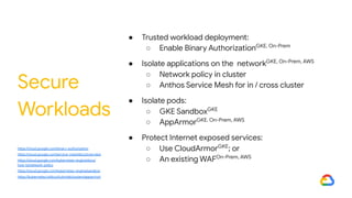 ● Trusted workload deployment:
○ Enable Binary AuthorizationGKE, On-Prem
● Isolate applications on the networkGKE, On-Prem, AWS
○ Network policy in cluster
○ Anthos Service Mesh for in / cross cluster
● Isolate pods:
○ GKE SandboxGKE
○ AppArmorGKE, On-Prem, AWS
● Protect Internet exposed services:
○ Use CloudArmorGKE
; or
○ An existing WAFOn-Prem, AWS
Secure
Workloads
https://cloud.google.com/binary-authorization
https://cloud.google.com/service-mesh/docs/overview
https://cloud.google.com/kubernetes-engine/docs/
how-to/network-policy
https://cloud.google.com/kubernetes-engine/sandbox
https://kubernetes.io/docs/tutorials/clusters/apparmor/
 