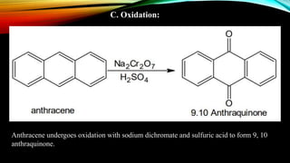 C. Oxidation:
Anthracene undergoes oxidation with sodium dichromate and sulfuric acid to form 9, 10
anthraquinone.
 