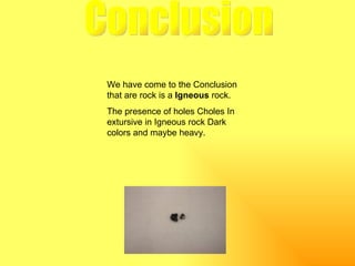 Conclusion We have come to the Conclusion that are rock is a  Igneous  rock. The presence of holes Choles In extursive in Igneous rock Dark colors and maybe heavy.  