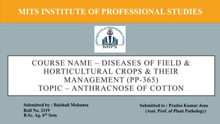 COURSE NAME – DISEASES OF FIELD &
HORTICULTURAL CROPS & THEIR
MANAGEMENT (PP-365)
TOPIC – ANTHRACNOSE OF COTTON
Submitted to : Prados Kumar Jena
(Asst. Prof. of Plant Pathology)
Submitted by : Baishali Mohanta
Roll No. 2119
B.Sc. Ag. 6th Sem
MITS INSTITUTE OF PROFESSIONAL STUDIES
 