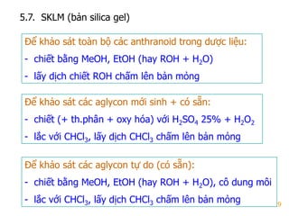 29
5.7. SKLM (bản silica gel)
Để khảo sát toàn bộ các anthranoid trong dƣợc liệu:
- chiết bằng MeOH, EtOH (hay ROH + H2O)
- lấy dịch chiết ROH chấm lên bản mỏng
Để khảo sát các aglycon mới sinh + có sẵn:
- chiết (+ th.phân + oxy hóa) với H2SO4 25% + H2O2
- lắc với CHCl3, lấy dịch CHCl3 chấm lên bản mỏng
Để khảo sát các aglycon tự do (có sẵn):
- chiết bằng MeOH, EtOH (hay ROH + H2O), cô dung môi
- lắc với CHCl3, lấy dịch CHCl3 chấm lên bản mỏng
 
