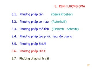 57
8. ĐỊNH LƢỢNG OMA
8.1. Phƣơng pháp cân (Deals Kroeber)
8.2. Phƣơng pháp so màu (Auterhoff)
8.3. Phƣơng pháp thể tích (Tschirch - Schmitz)
8.4. Phƣơng pháp tạo phức màu, đo quang
8.5. Phƣơng pháp SKLM
8.6. Phƣơng pháp HPLC
8.7. Phƣơng pháp sinh vật
 