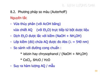 59
8.2. Phƣơng pháp so màu (Auterhoff)
Nguyên tắc
- Vừa thủy phân (với AcOH băng)
vừa chiết AQ (với Et2O) trực tiếp từ bột dƣợc liệu
- Dịch Et2O đƣợc lắc với kiềm (NaOH + NH4OH)
- Lớp kiềm (đỏ) chứa AQ đƣợc đo Abs ( = 540 nm)
- So sánh với đƣờng cong chuẩn :
* istizin hay chrysophanol / (NaOH + NH4OH)
* CoCl2. 6H2O / H2O
- Suy ra hàm lƣợng AQ / mẫu
8. ĐỊNH LƢỢNG OMA
 
