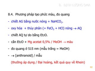 62
8.4. Phƣơng pháp tạo phức màu, đo quang
- chiết AG bằng nƣớc nóng + NaHCO3.
- oxy hóa + thủy phân (= FeCl3 + HCl) nóng  AQ
- chiết AQ tự do bằng Et2O.
- cắn Et2O + Mg acetat 0,5% / MeOH  màu
- đo quang ở 515 nm (mẫu trắng = MeOH)
-  [anthranoid] / mẫu
(thƣờng áp dụng / Đại hoàng, kết quả quy về Rhein)
8. ĐỊNH LƢỢNG OMA
 