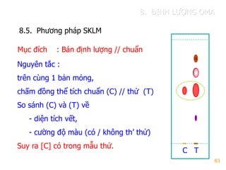 63
8.5. Phƣơng pháp SKLM
C T
Nguyên tắc :
trên cùng 1 bản mỏng,
chấm đồng thể tích chuẩn (C) // thử (T)
So sánh (C) và (T) về
- diện tích vết,
- cƣờng độ màu (có / không th’ thử)
Suy ra [C] có trong mẫu thử.
Mục đích : Bán định lƣợng // chuẩn
8. ĐỊNH LƢỢNG OMA
 