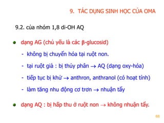 68
dạng AG (chủ yếu là các -glucosid)
- không bị chuyển hóa tại ruột non.
- tại ruột già : bị thủy phân  AQ (dạng oxy-hóa)
- tiếp tục bị khử  anthron, anthranol (có hoạt tính)
- làm tăng nhu động cơ trơn  nhuận tẩy
dạng AQ : bị hấp thu ở ruột non  không nhuận tẩy.
9.2. của nhóm 1,8 di-OH AQ
9. TÁC DỤNG SINH HỌC CỦA OMA
 