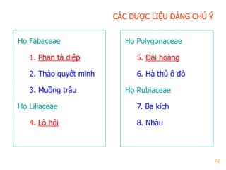 72
CÁC DƢỢC LIỆU ĐÁNG CHÚ Ý
Họ Fabaceae
1. Phan tả diệp
2. Thảo quyết minh
3. Muồng trâu
Họ Liliaceae
4. Lô hội
Họ Polygonaceae
5. Đại hoàng
6. Hà thủ ô đỏ
Họ Rubiaceae
7. Ba kích
8. Nhàu
 