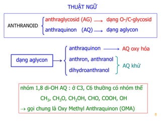 8
THUẬT NGỮ
nhóm 1,8 di-OH AQ : ở C3, C6 thƣờng có nhóm thế
CH3, CH3O, CH2OH, CHO, COOH, OH
 gọi chung là Oxy Methyl Anthraquinon (OMA)
anthraglycosid (AG)
anthraquinon (AQ)
dạng O-/C-glycosid
dạng aglycon
ANTHRANOID
dạng aglycon
anthraquinon
anthron, anthranol
dihydroanthranol
AQ oxy hóa
AQ khử
 