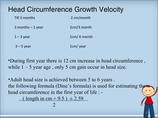 Head Circumference Growth Velocity 
Till 3 months 2 cm/month 
3 months – 1 year 2cm/3 month 
1 – 3 year 1cm/ 6 month 
3 – 5 year 1cm/ year 
•During first year there is 12 cm increase in head circumference , 
while 1 – 5 year age , only 5 cm gain occur in head size. 
•Adult head size is achieved between 5 to 6 years . 
the following formula (Dine’s formula) is used for estimating the 
head circumference in the first year of life : - 
( length in cm + 9.5 ) ± 2.59 
2 
23 
 