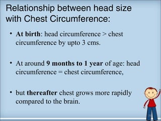 Relationship between head size 
with Chest Circumference: 
• At birth: head circumference > chest 
circumference by upto 3 cms. 
• At around 9 months to 1 year of age: head 
circumference = chest circumference, 
• but thereafter chest grows more rapidly 
compared to the brain. 
26 
 